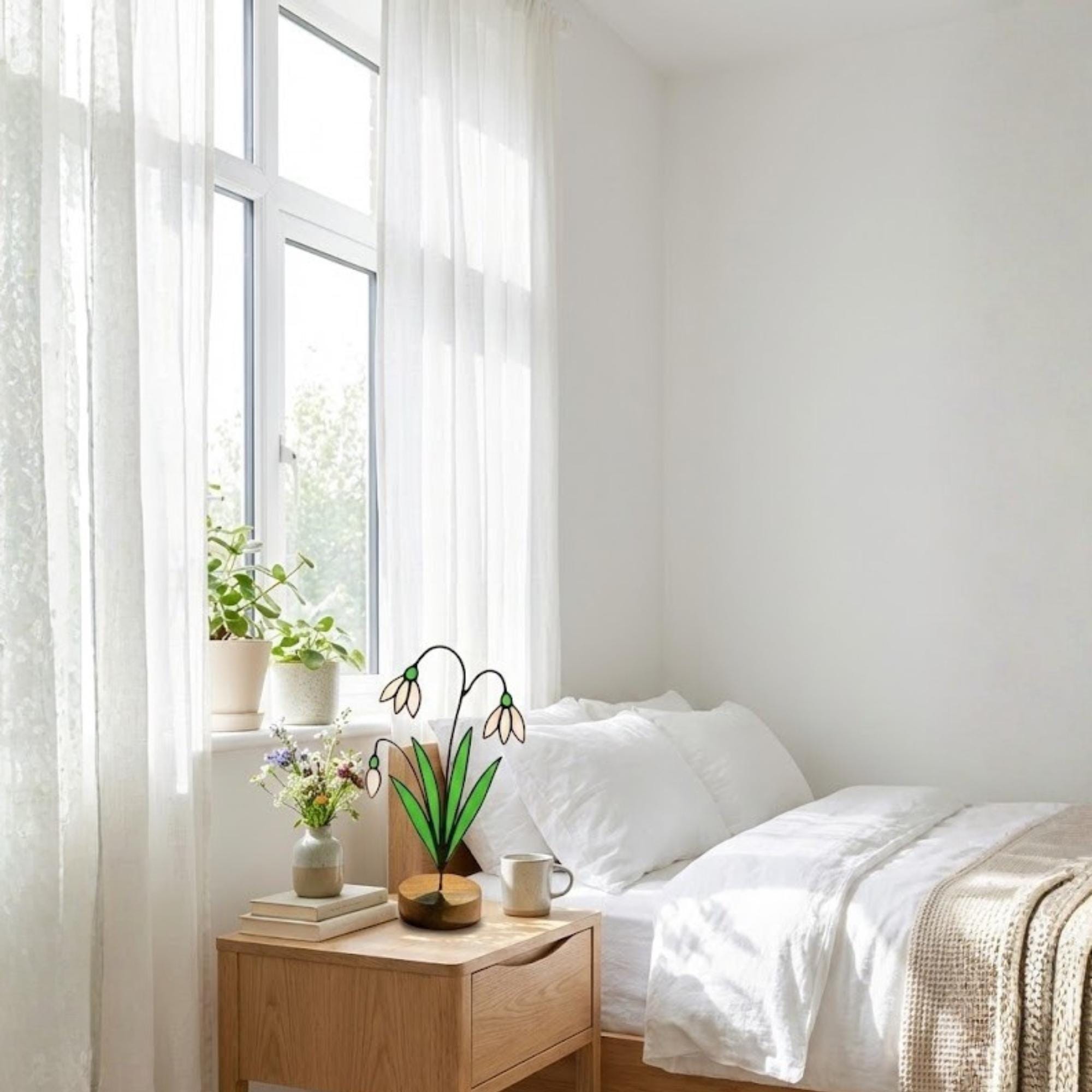 Snowdrop Stained Glass Flower, January Birth Flower Gift for Mom, 3D Floral Table Decor, Grandma Birthday Present, Wood Stand Art