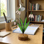 Snowdrop Stained Glass Flower, January Birth Flower Gift for Mom, 3D Floral Table Decor, Grandma Birthday Present, Wood Stand Art