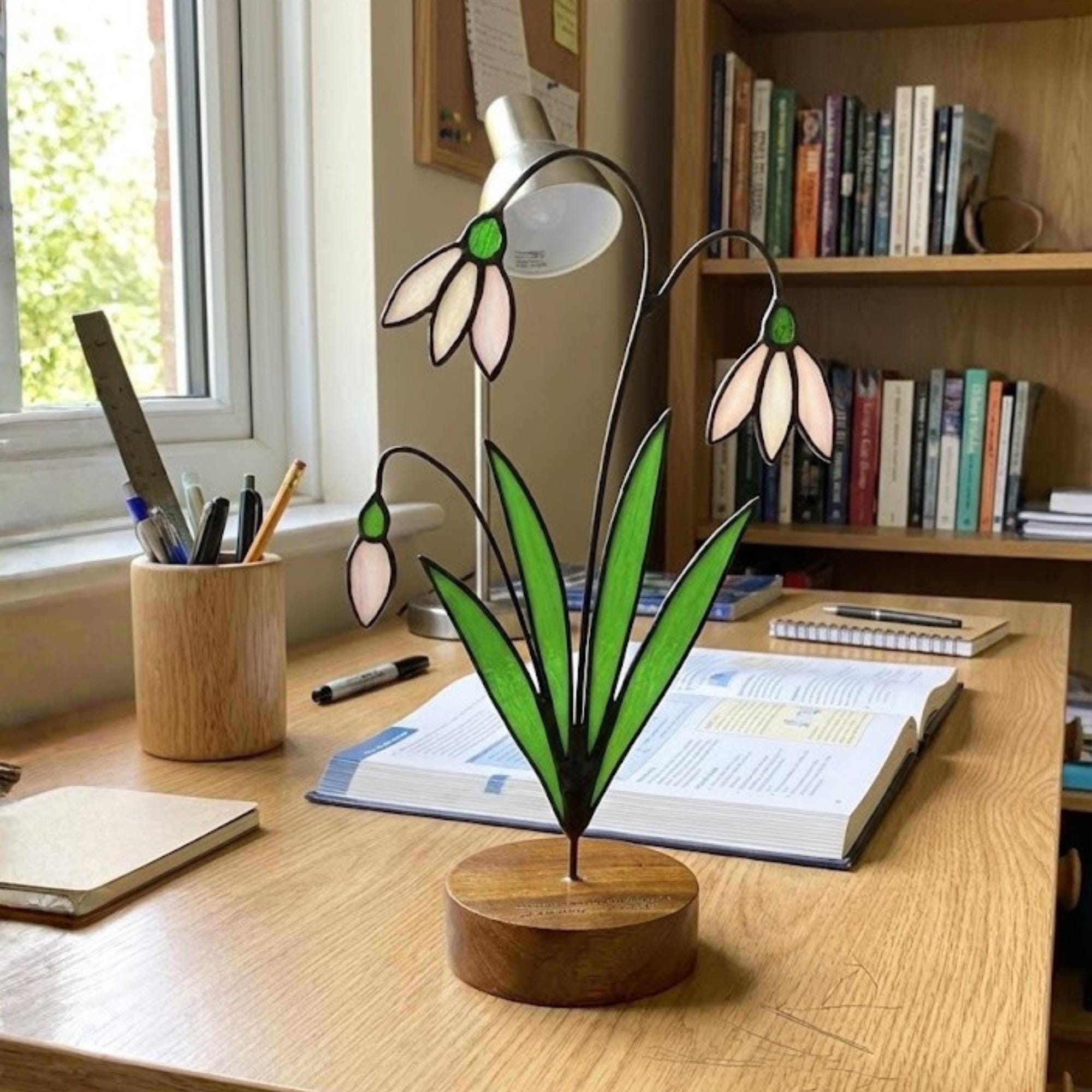 Snowdrop Stained Glass Flower, January Birth Flower Gift for Mom, 3D Floral Table Decor, Grandma Birthday Present, Wood Stand Art