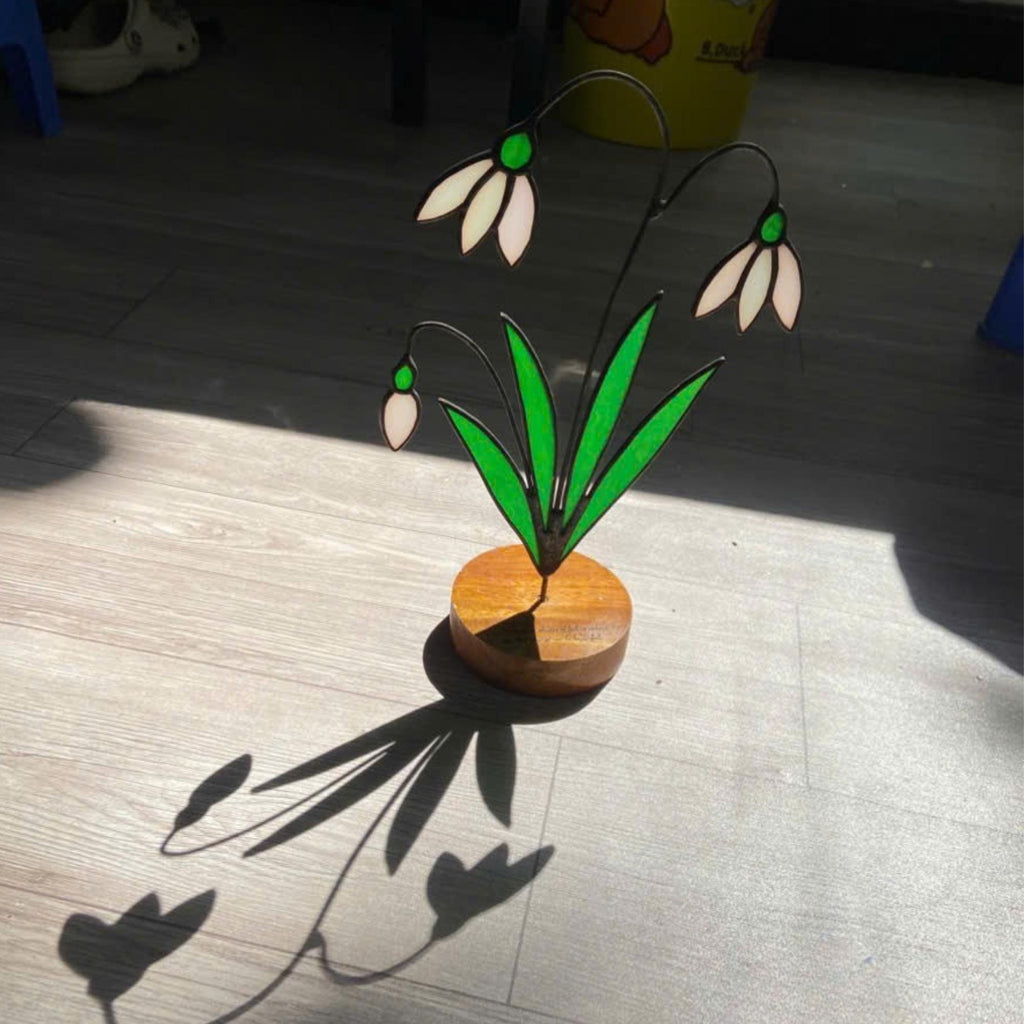 Snowdrop Stained Glass Flower, January Birth Flower Gift for Mom, 3D Floral Table Decor, Grandma Birthday Present, Wood Stand Art
