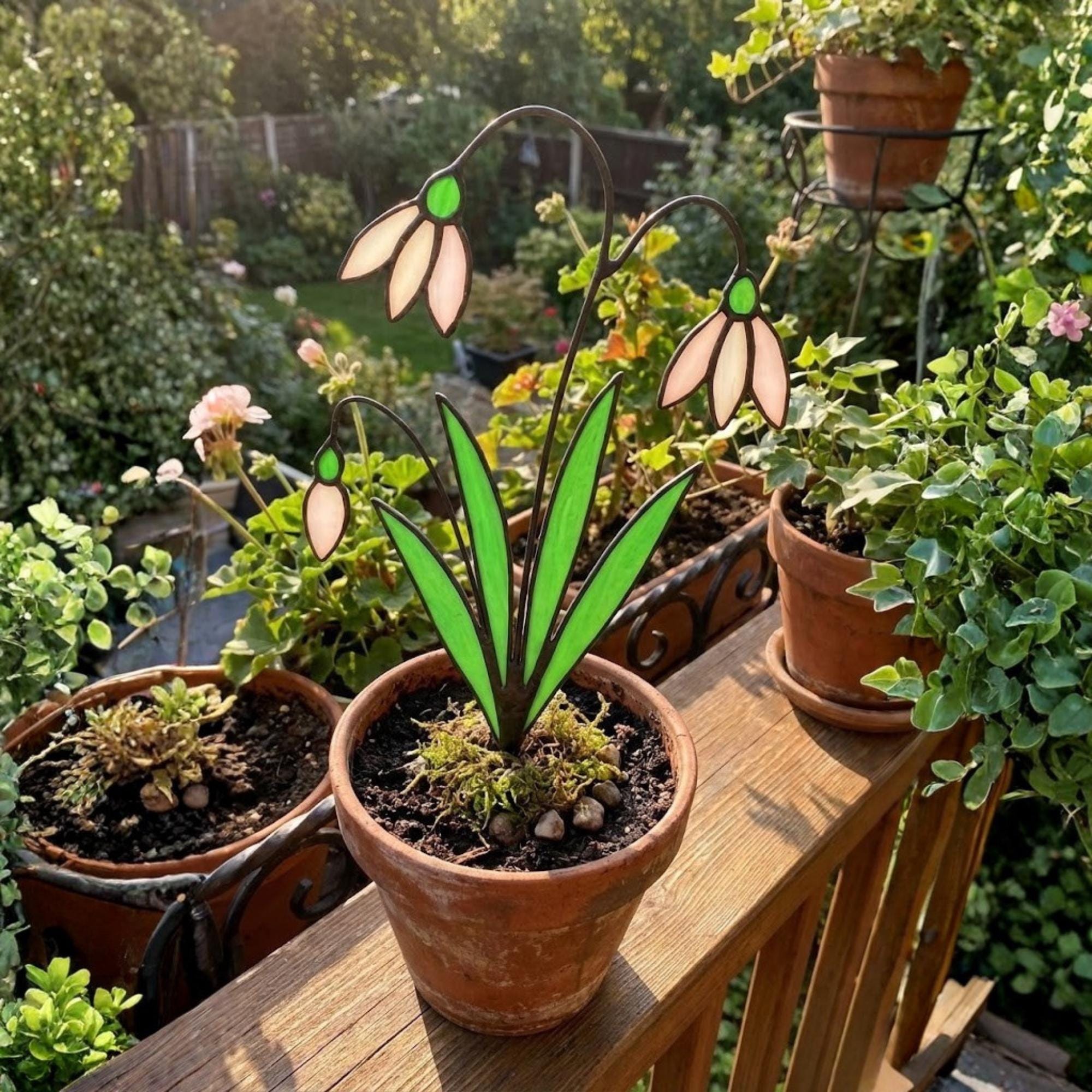 Snowdrop Stained Glass Flower, January Birth Flower Gift for Mom, 3D Floral Table Decor, Grandma Birthday Present, Wood Stand Art