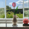 Pink stained glass tulip bouquet on bedside table – romantic handmade window decoration