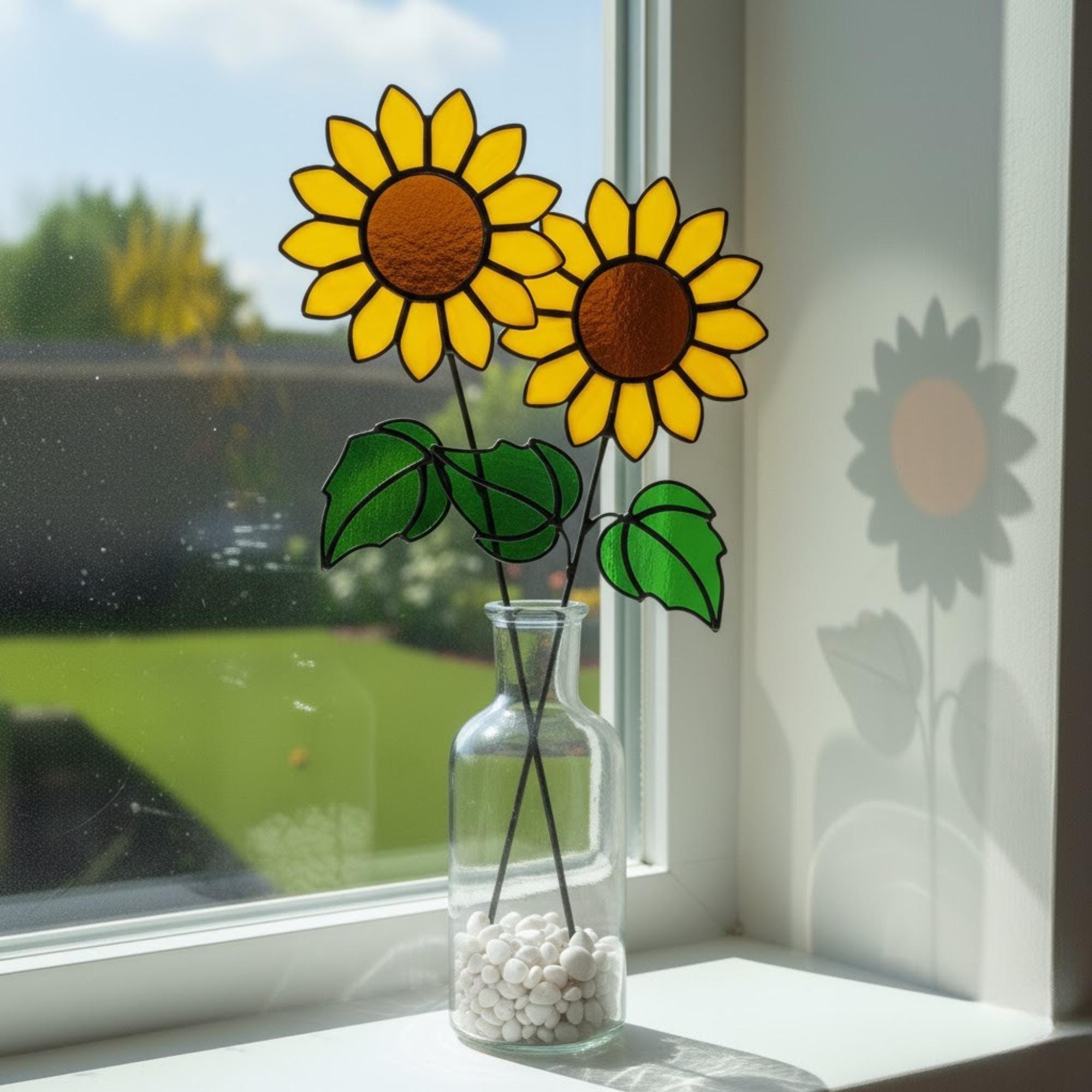 Vibrant stained glass sunflower bouquet in terracotta pot – cozy handmade window decoration.