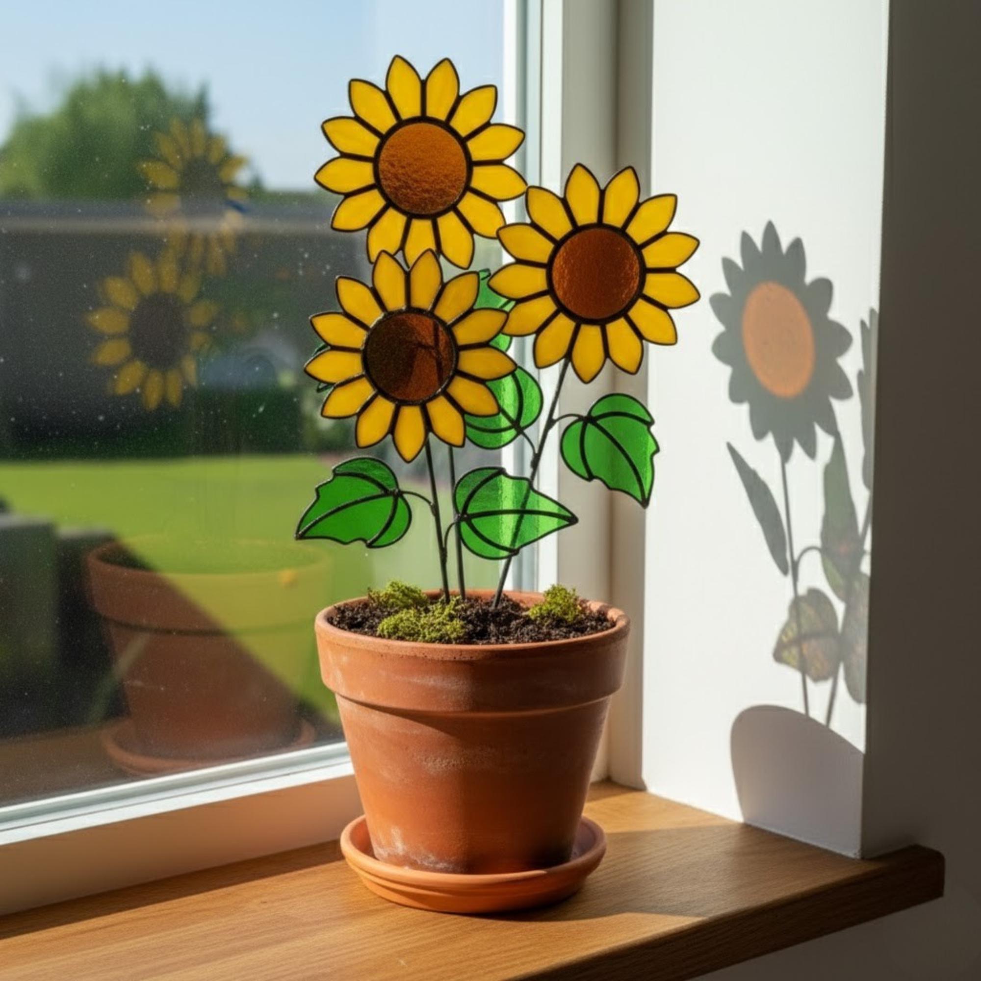 Bouquet of bright yellow stained glass sunflowers adding cheer to any living space.