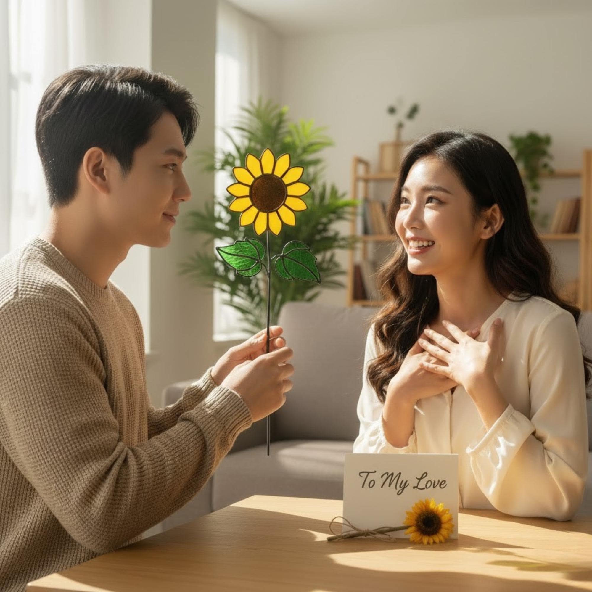 Couple exchanging a stained glass sunflower gift – romantic handmade present for her.