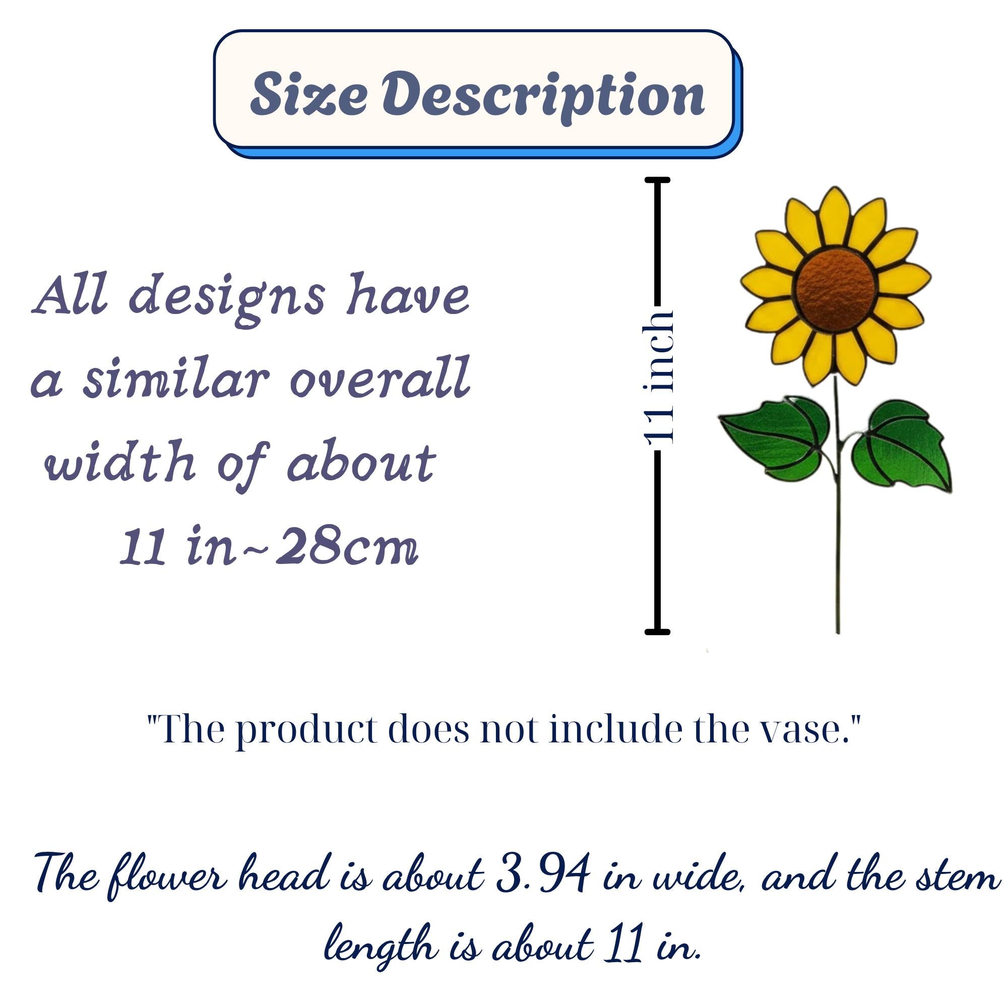 Product size chart for stained glass sunflower decor showing measurements and material