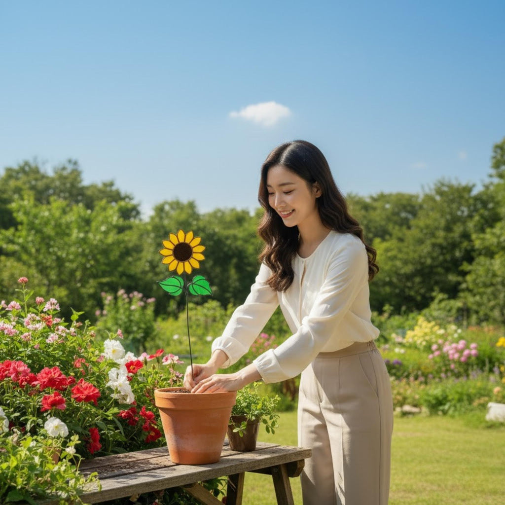 Girl arranging stained glass sunflowers in a garden vase – handmade glass flower decor.