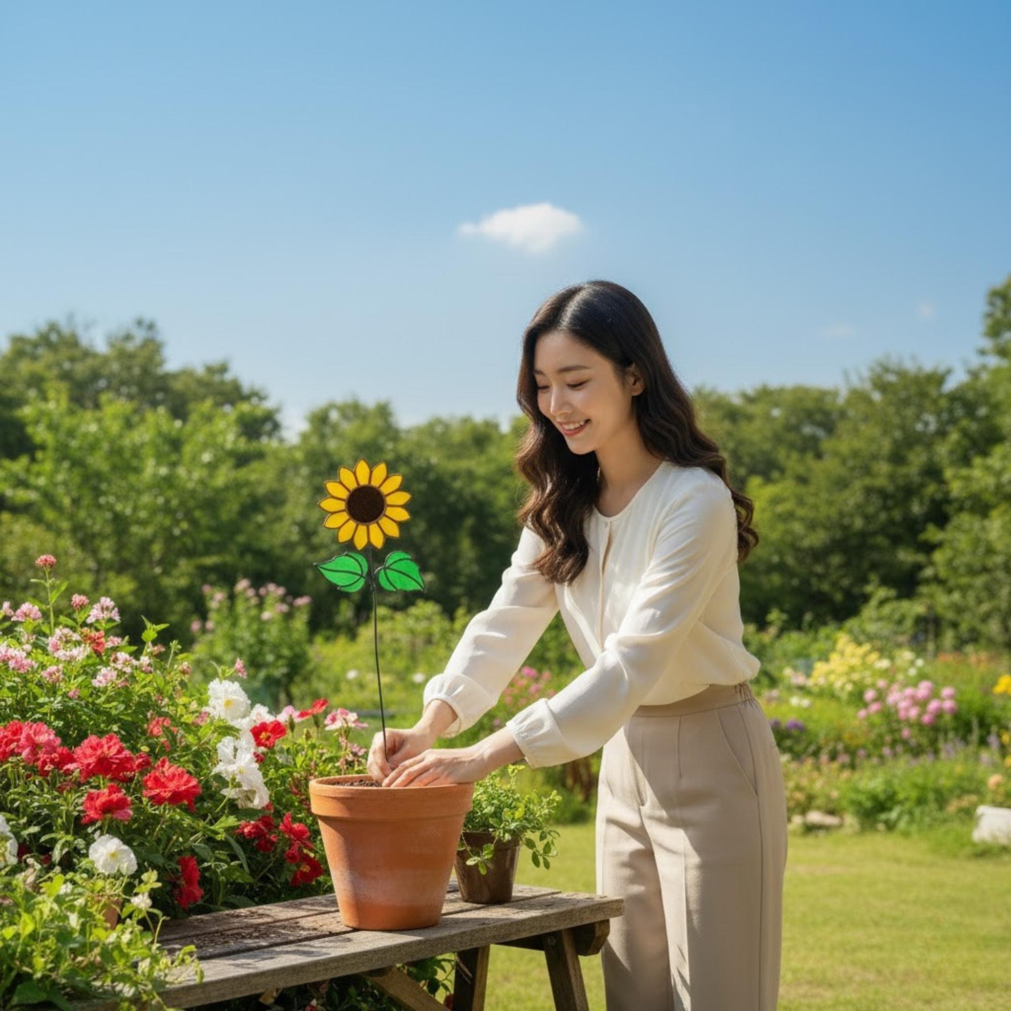 Girl arranging stained glass sunflowers in a garden vase – handmade glass flower decor.