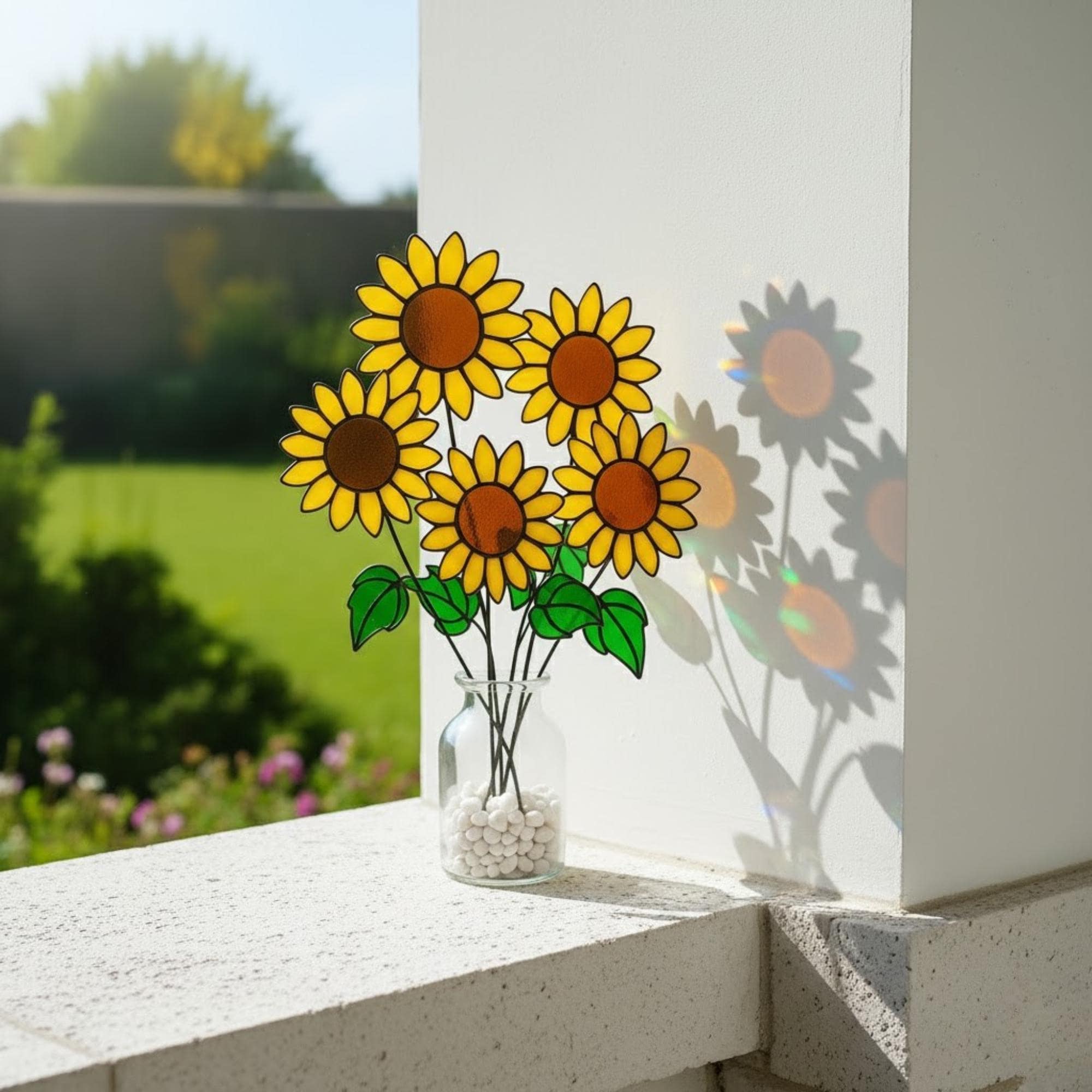 Handmade stained glass sunflower bouquet glowing in sunlight on a window ledge.