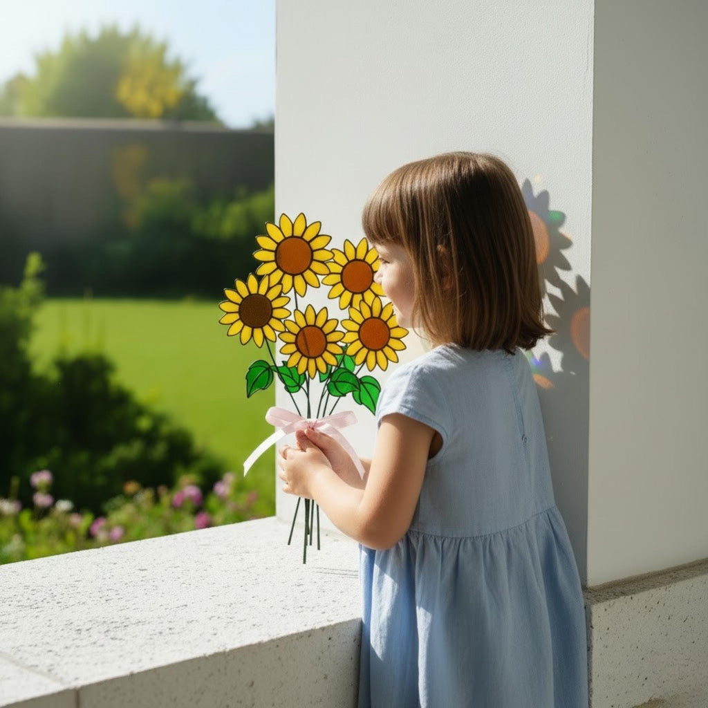 Little girl giving her mom a stained glass sunflower bouquet – family handmade gift moment.