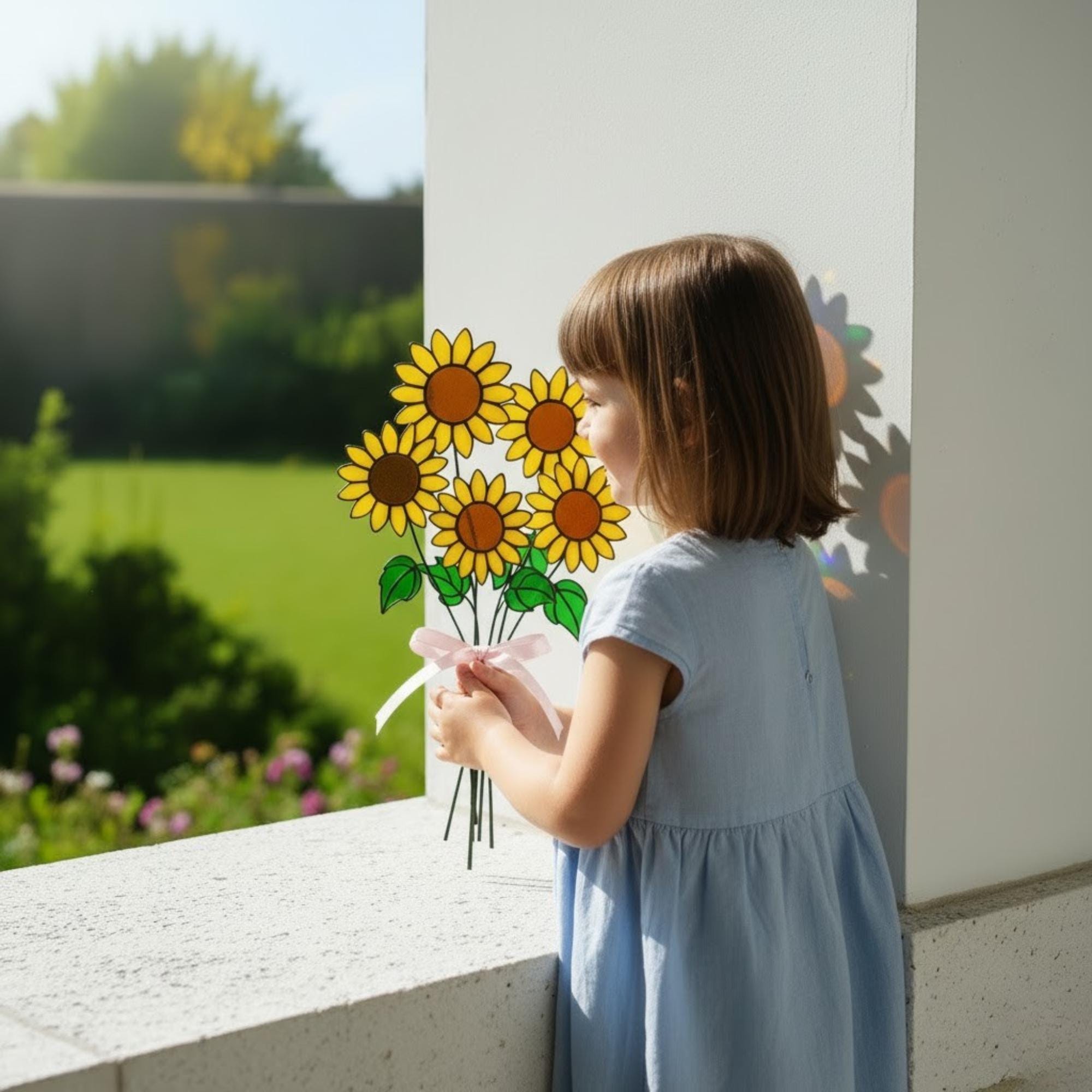 Little girl giving her mom a stained glass sunflower bouquet – family handmade gift moment.