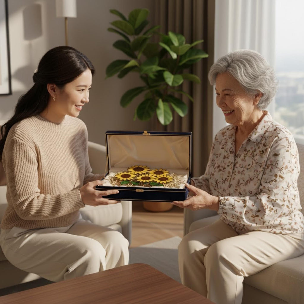 Elderly woman and daughter sharing a handmade glass sunflower – meaningful Mother’s Day gift.