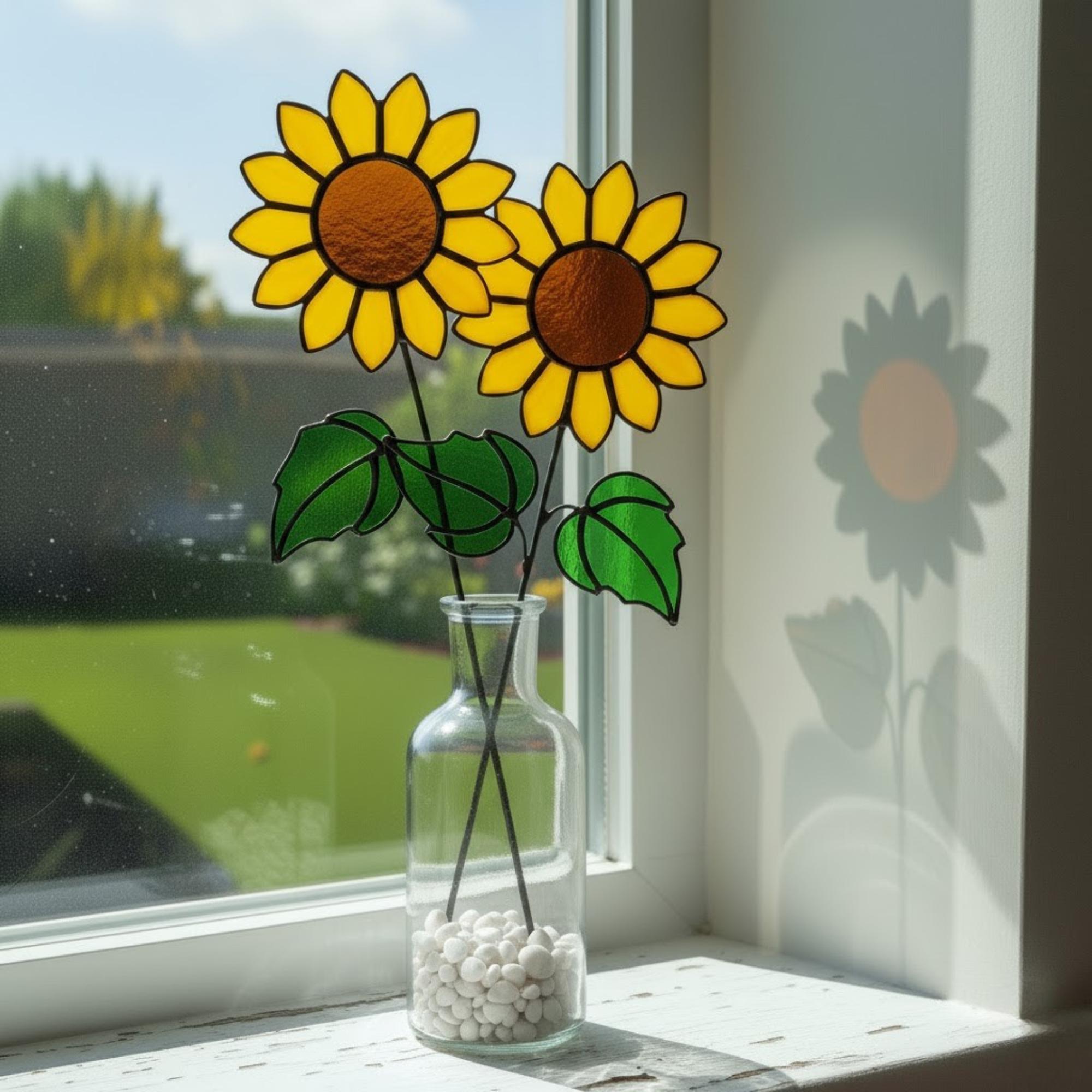Handmade stained glass sunflowers on a wooden table under golden evening sunlight.