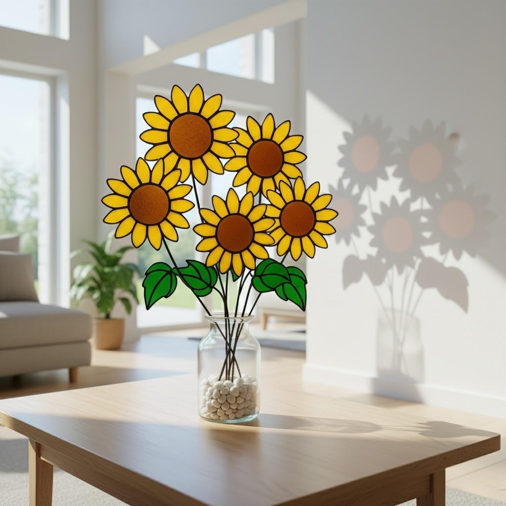 Single stained glass sunflower stem placed in elegant glass vase – minimalist home accent.