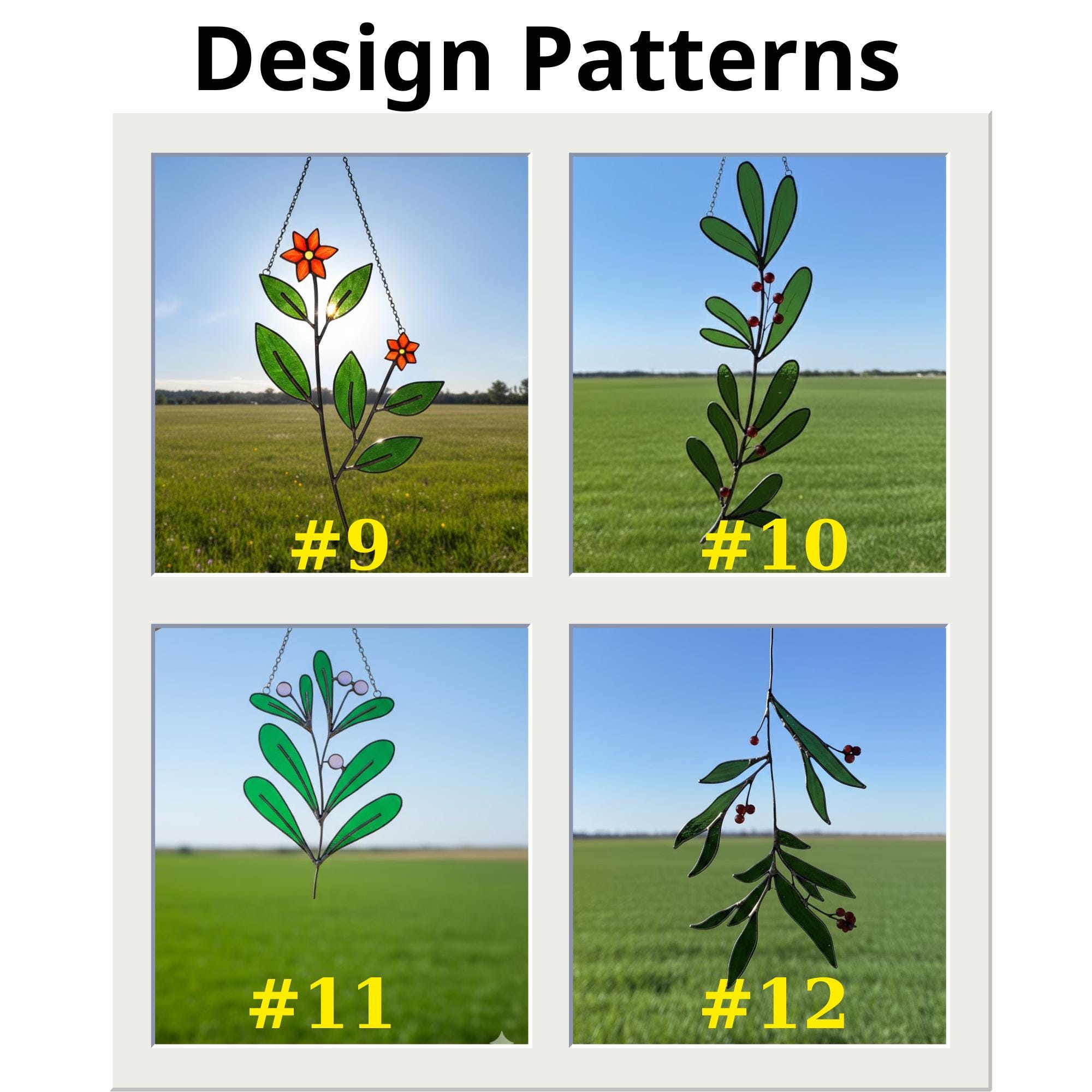 Display layout showing all stained glass poinsettia and holly leaf pattern designs.