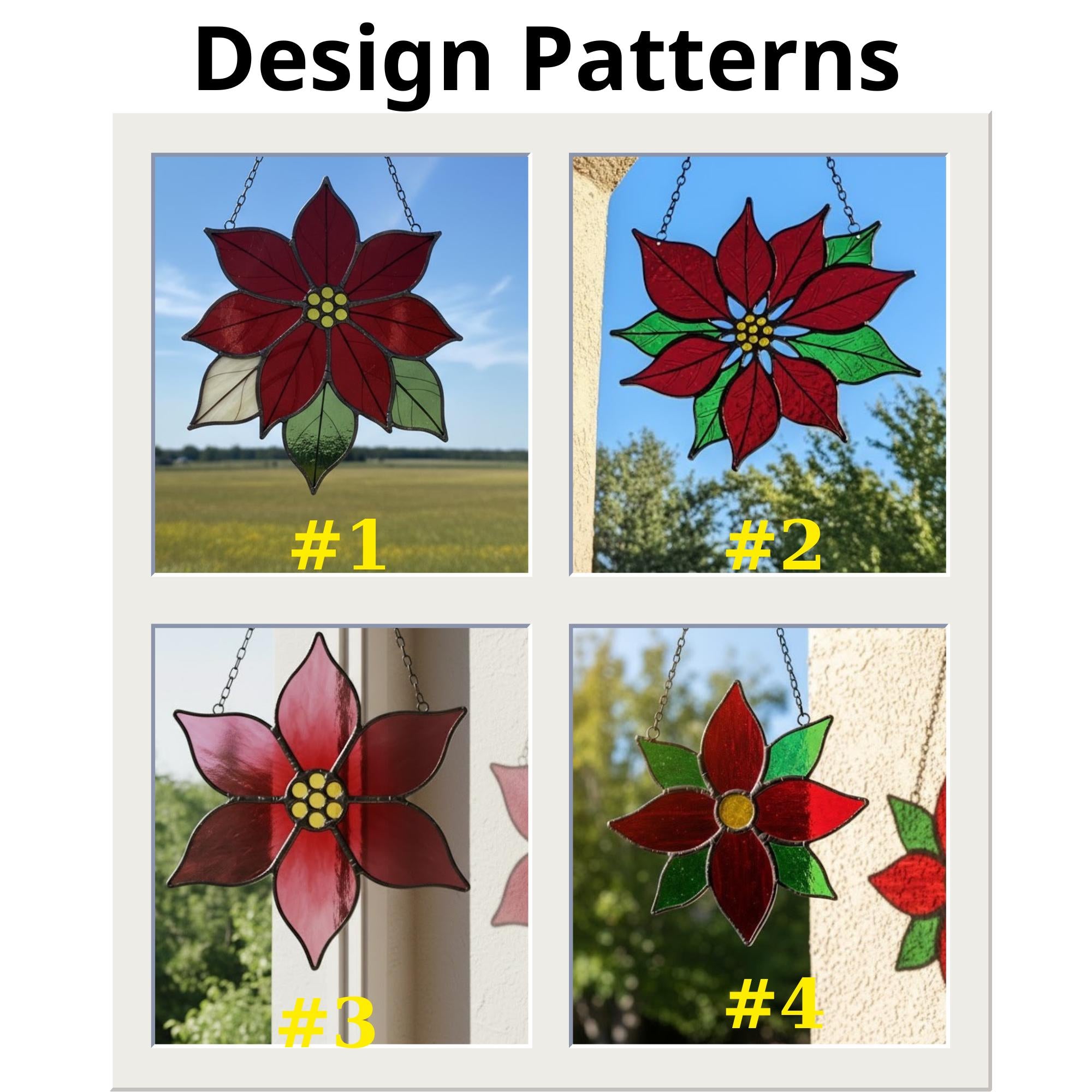 Set of poinsettia stained glass ornaments arranged on display under natural light.