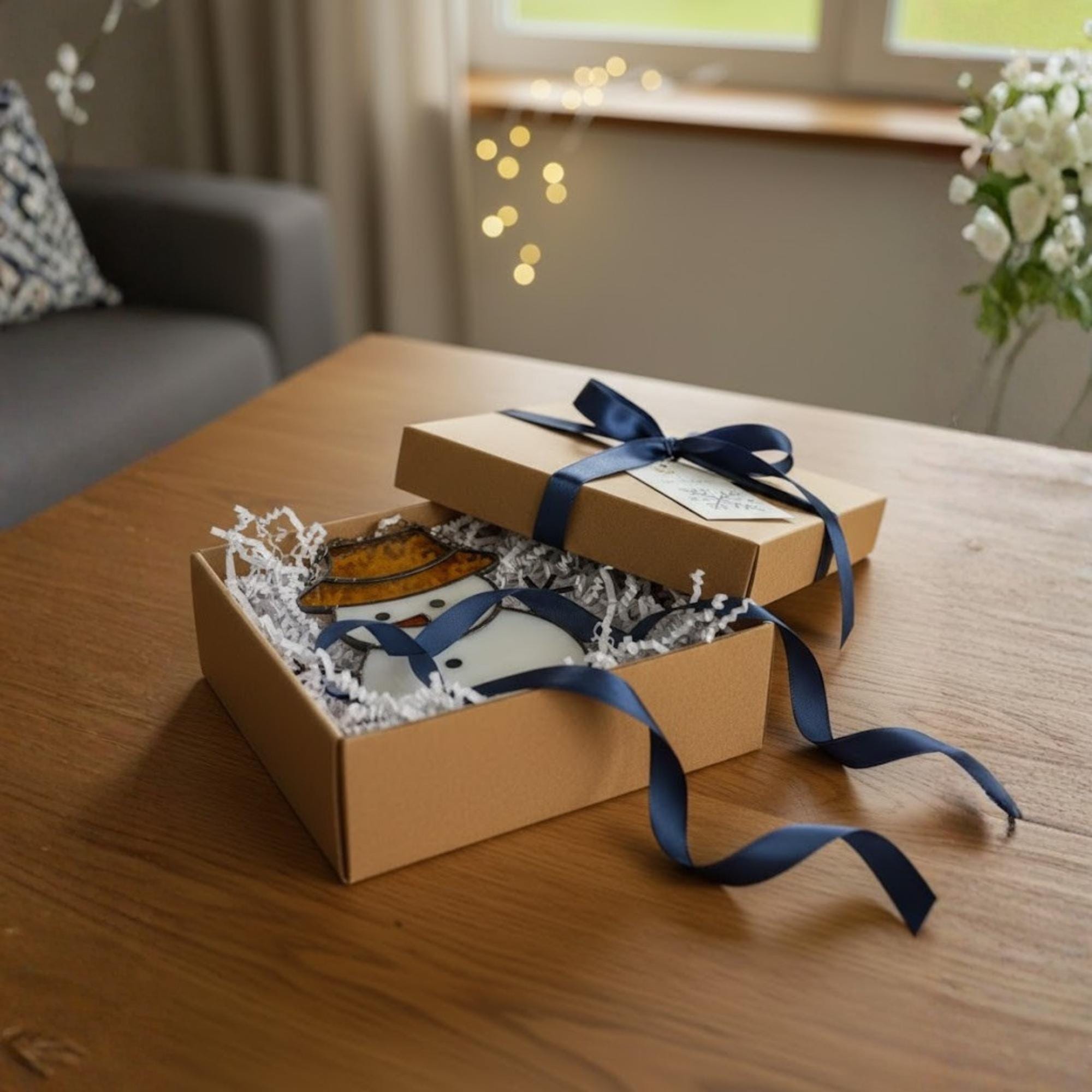 Group of handmade glass snowmen ornaments glowing in bright winter sunshine.