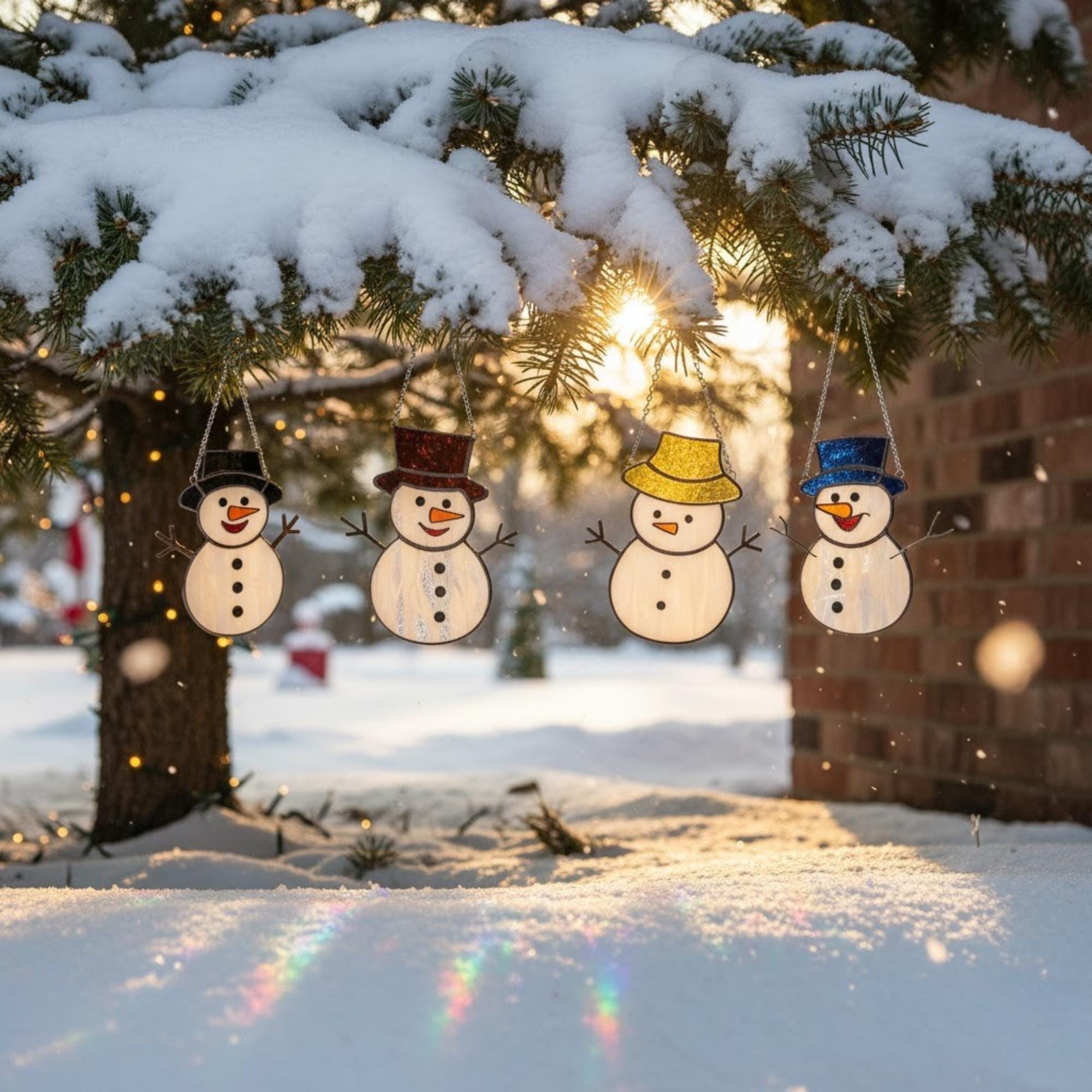 Handmade stained glass snowman ornaments hanging on Christmas tree with sunlight reflection.
