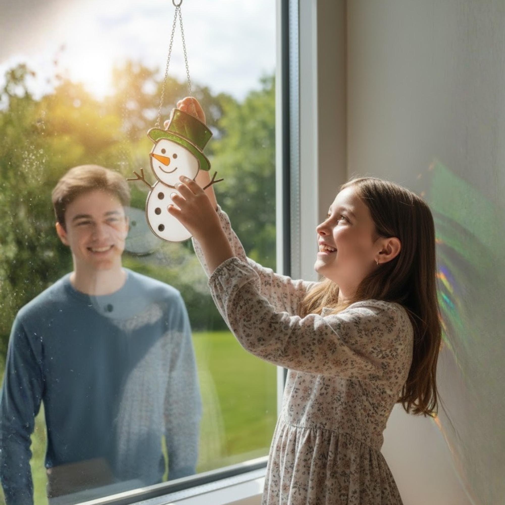 Gift box with handmade snowman stained glass ornament ready for gifting.