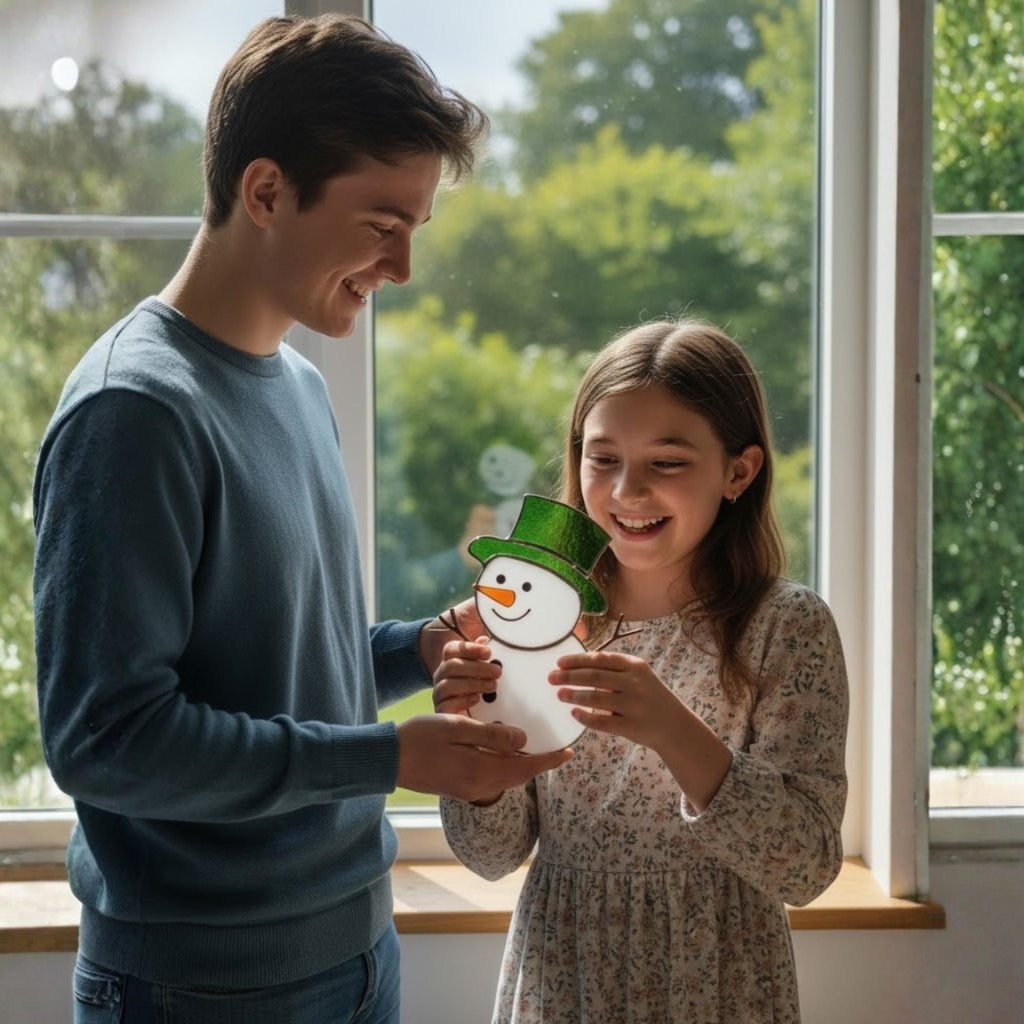 Winter holiday handmade stained glass snowman hanging on Christmas tree.