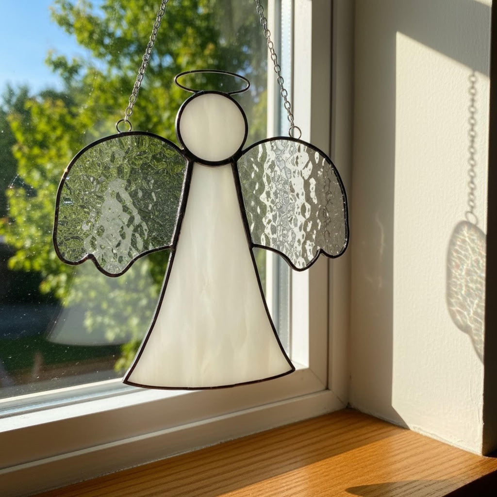 Guardian angel stained glass decor glowing in natural morning light.