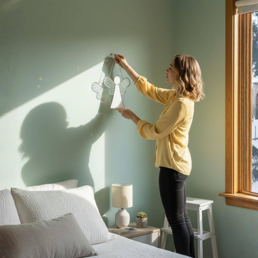 Woman holding handmade stained glass angel suncatcher with glowing reflections on the wall.