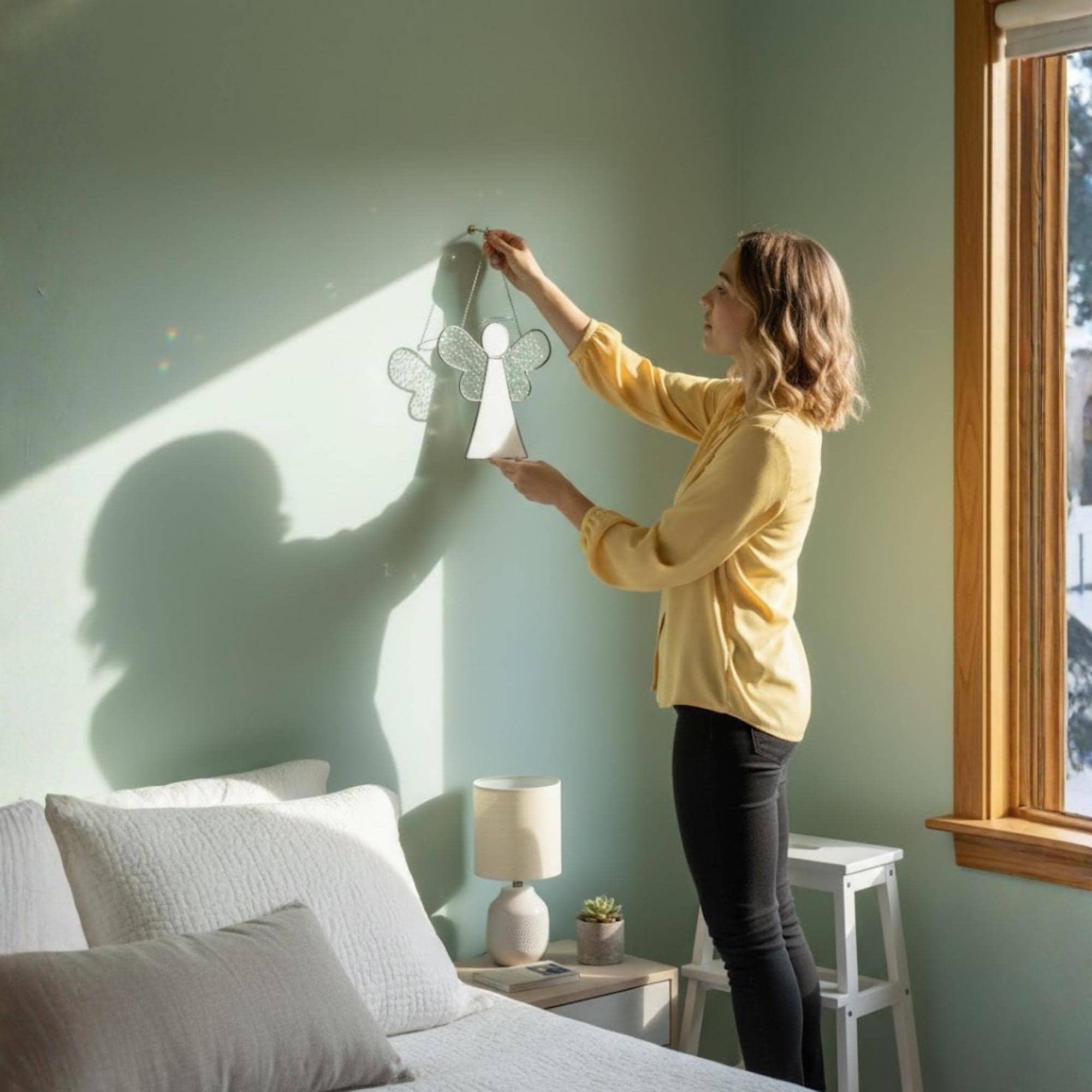 Woman holding handmade stained glass angel suncatcher with glowing reflections on the wall.