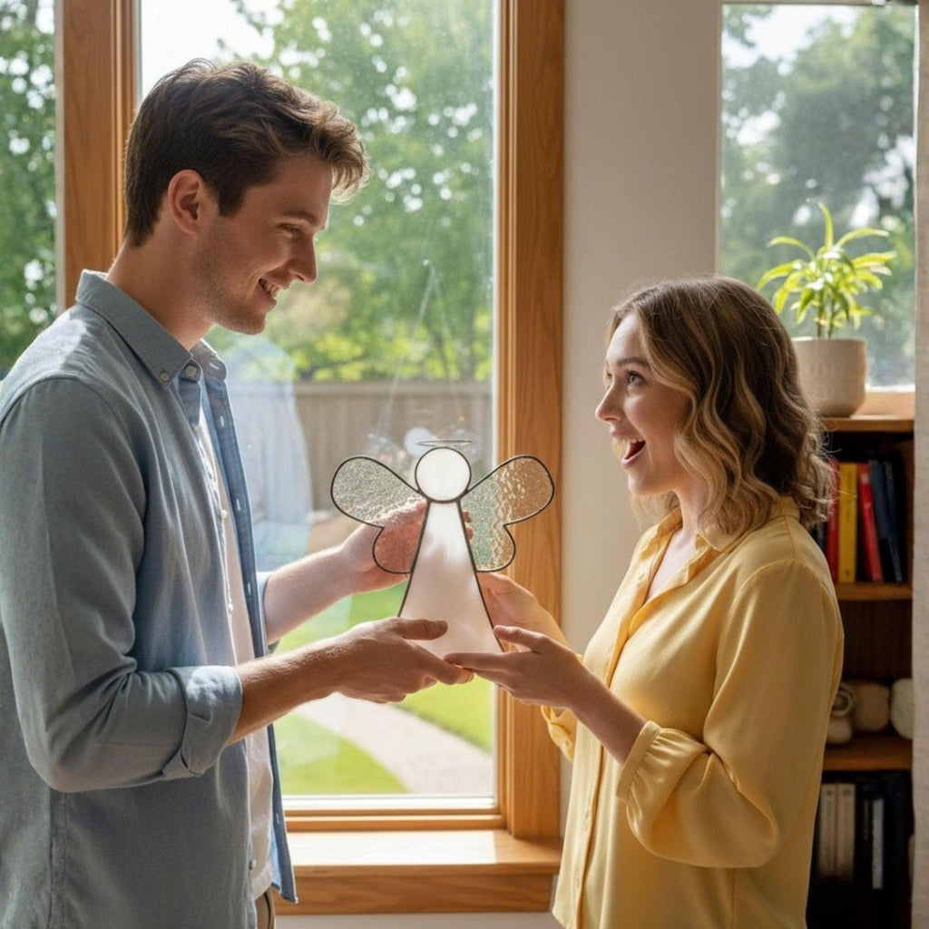 Couple exchanging handmade stained glass angel gift in a bright living room.