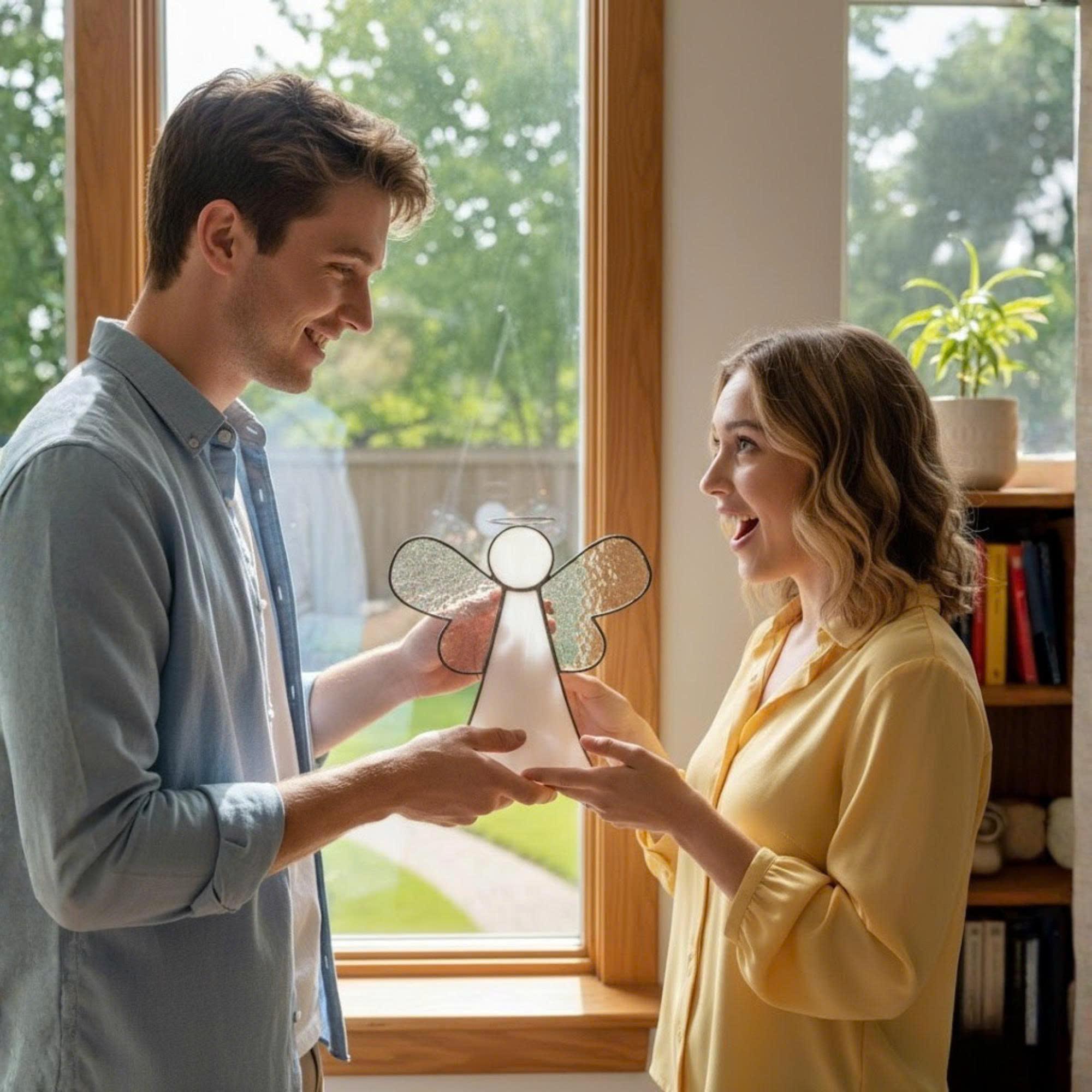 Couple exchanging handmade stained glass angel gift in a bright living room.