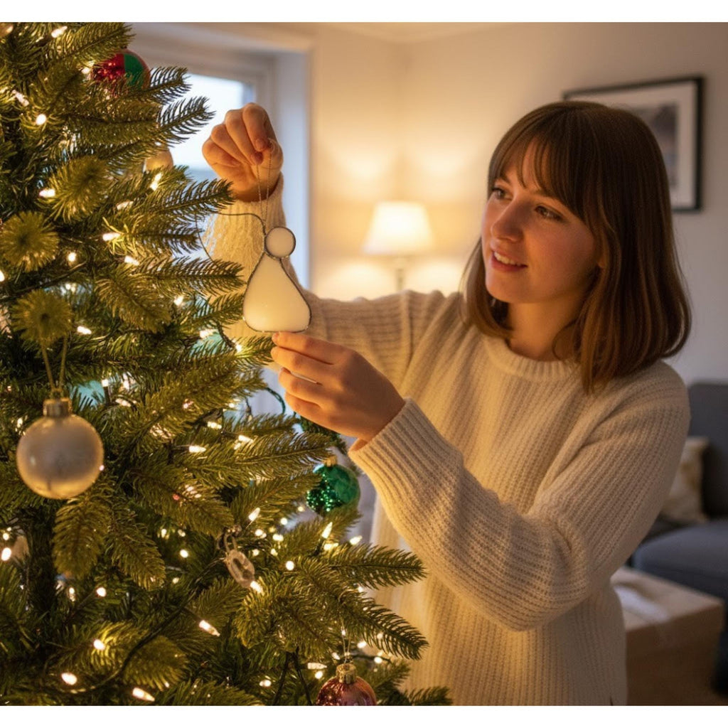 Elegant stained glass angel displayed on sunny window, perfect for memorial or Christmas gift.