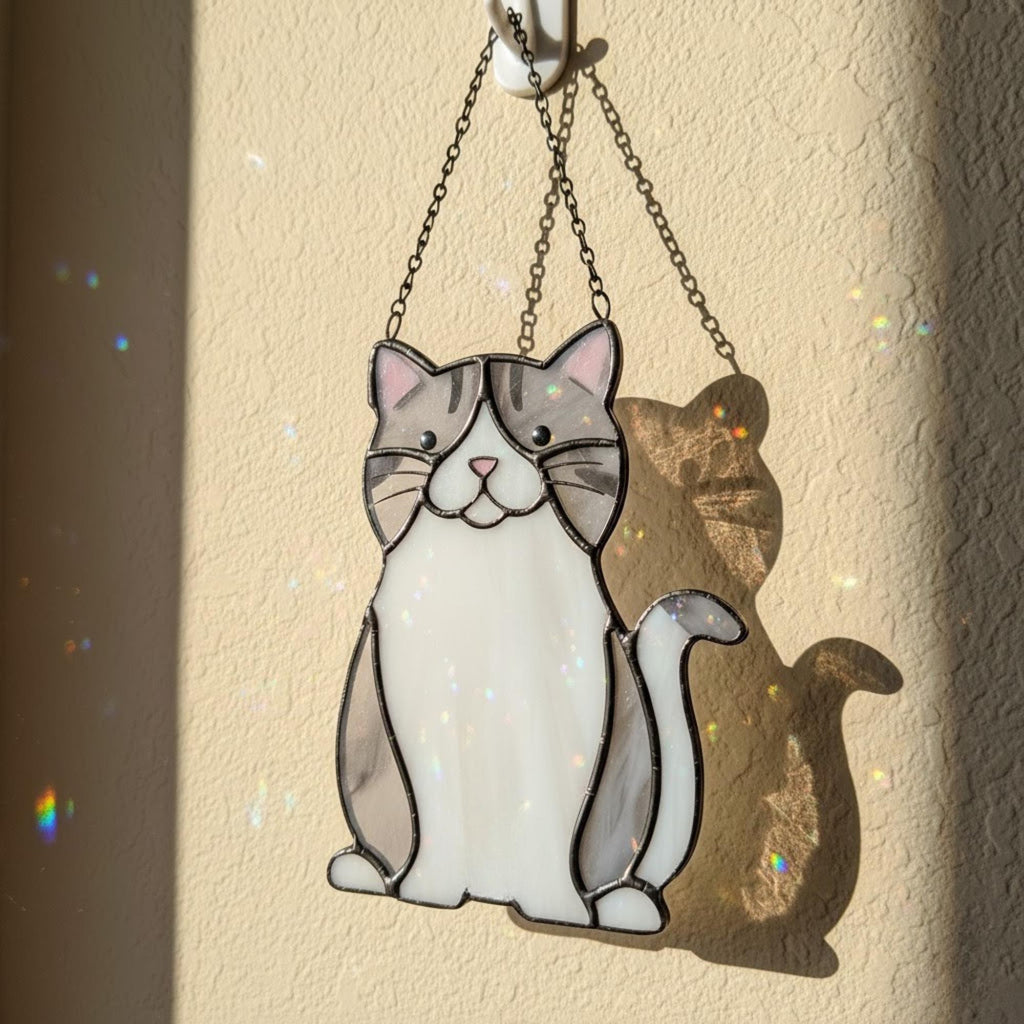 Gray and white stained glass cat ornament, handmade Christmas suncatcher cat lover gift window decoration
