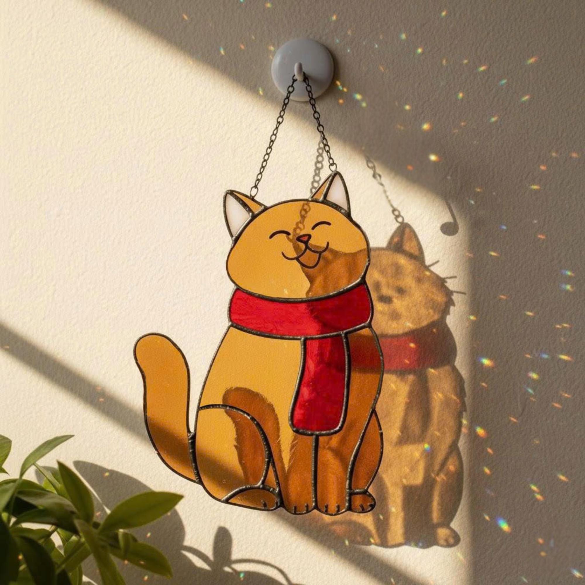 Cute orange cat stained glass ornament with red scarf, handmade Christmas window suncatcher for cozy holiday decor