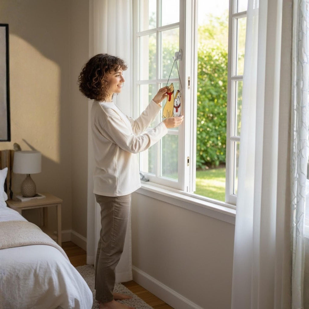 Handmade stained glass Christmas cat suncatcher glowing in sunlight, unique window decor for holiday home and pet lovers