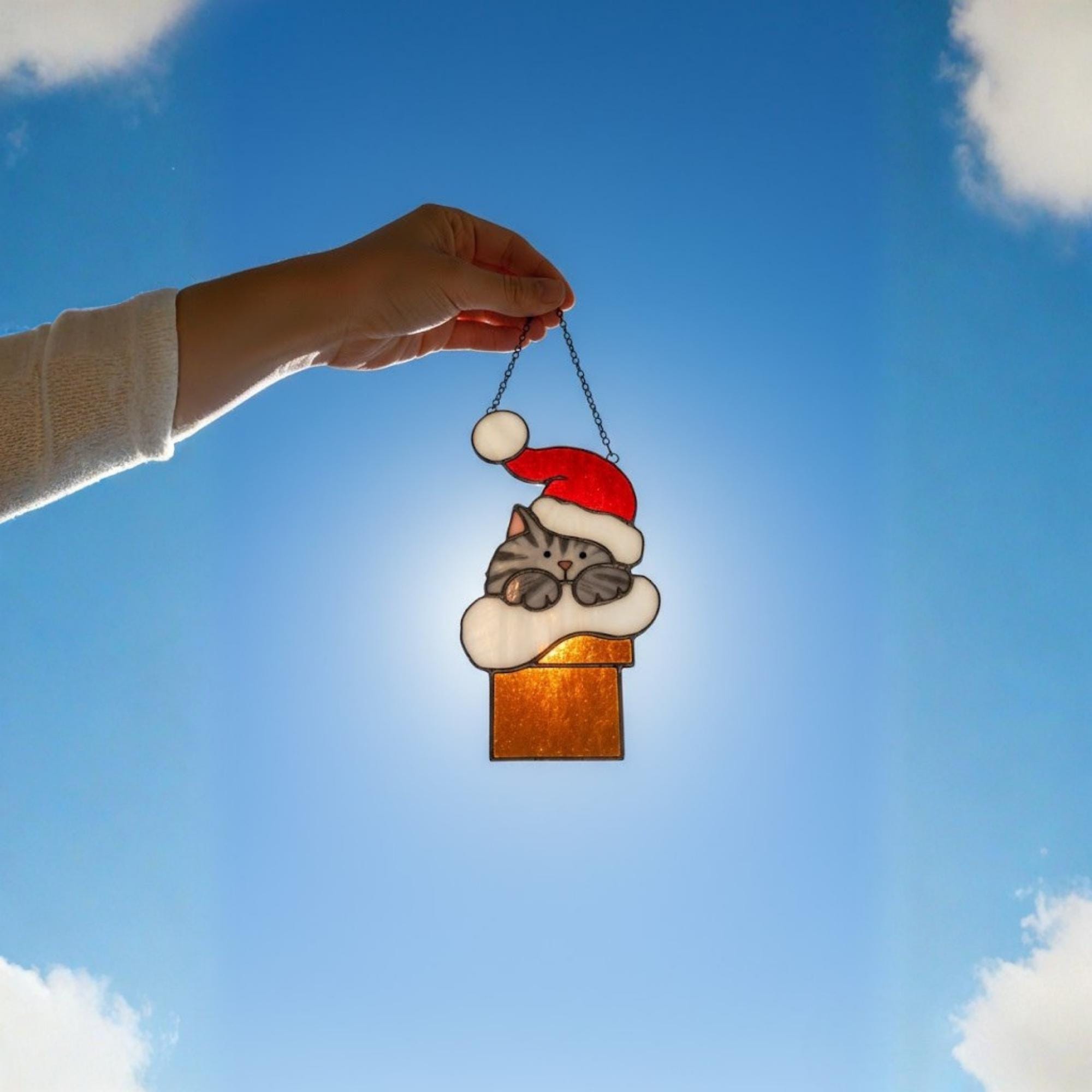 Handmade stained glass cat ornament with red hat and scarf, Christmas cat suncatcher holiday decor for cat moms