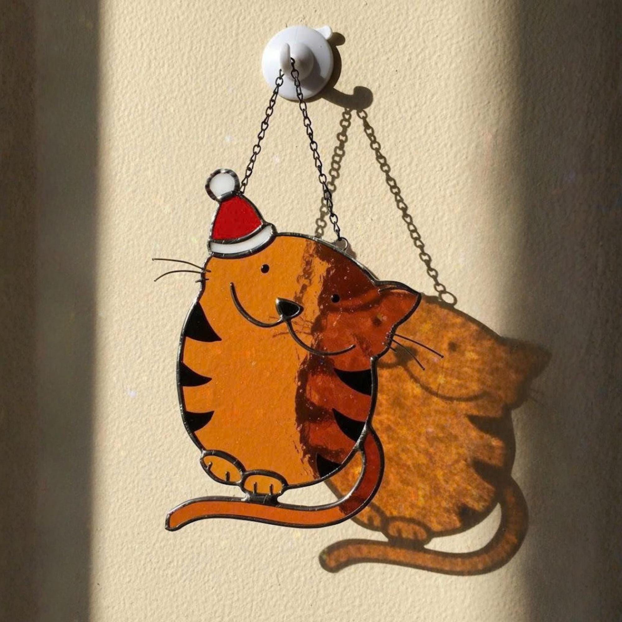 Handmade stained glass cats and dog ornament Christmas decor, cute pet suncatcher for window and gift for animal lovers