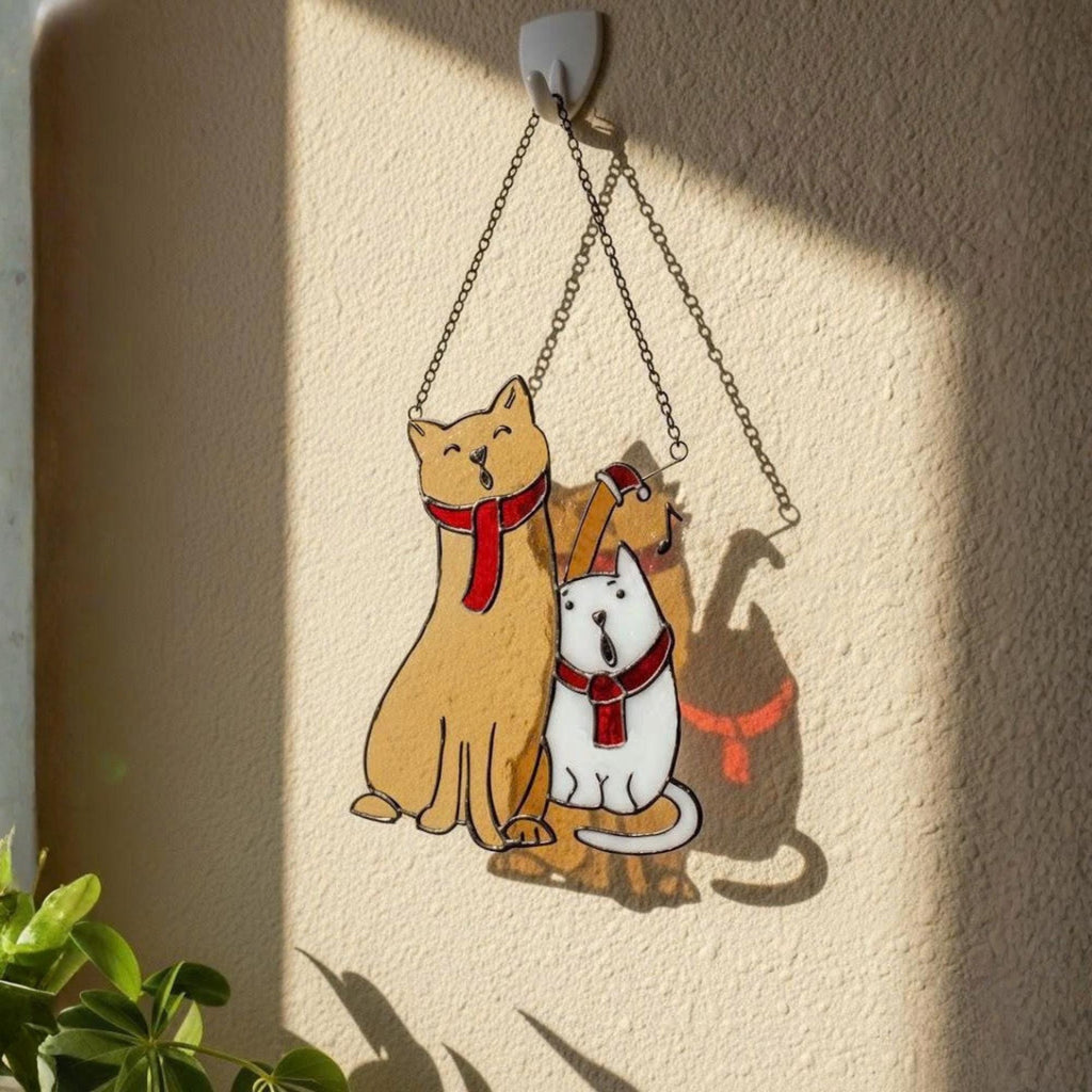 Orange cat stained glass ornament with Santa hat, handmade Christmas decoration for window or tree