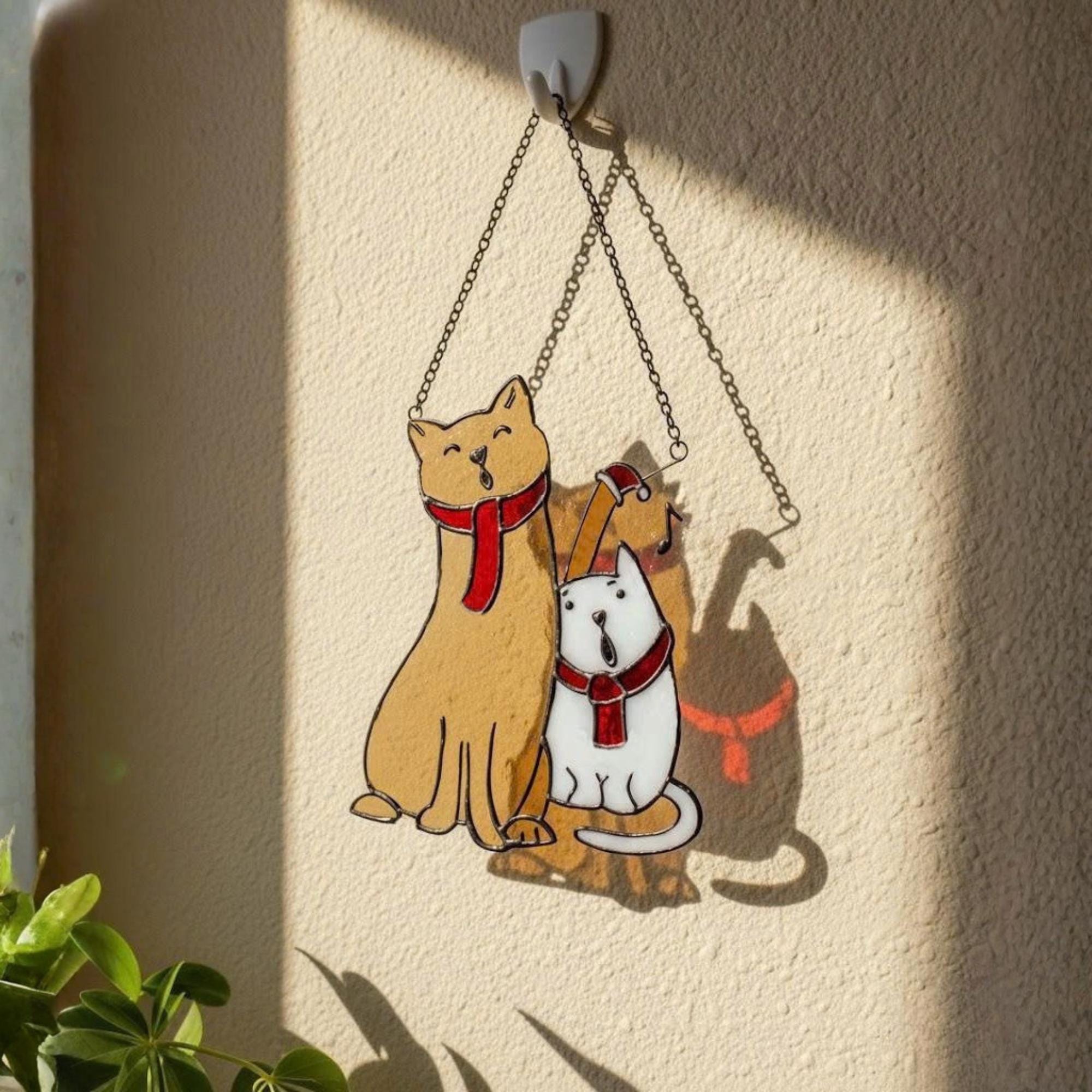 Orange cat stained glass ornament with Santa hat, handmade Christmas decoration for window or tree