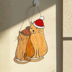 Cute brown stained glass cat ornament handmade Christmas suncatcher window decor for pet lovers