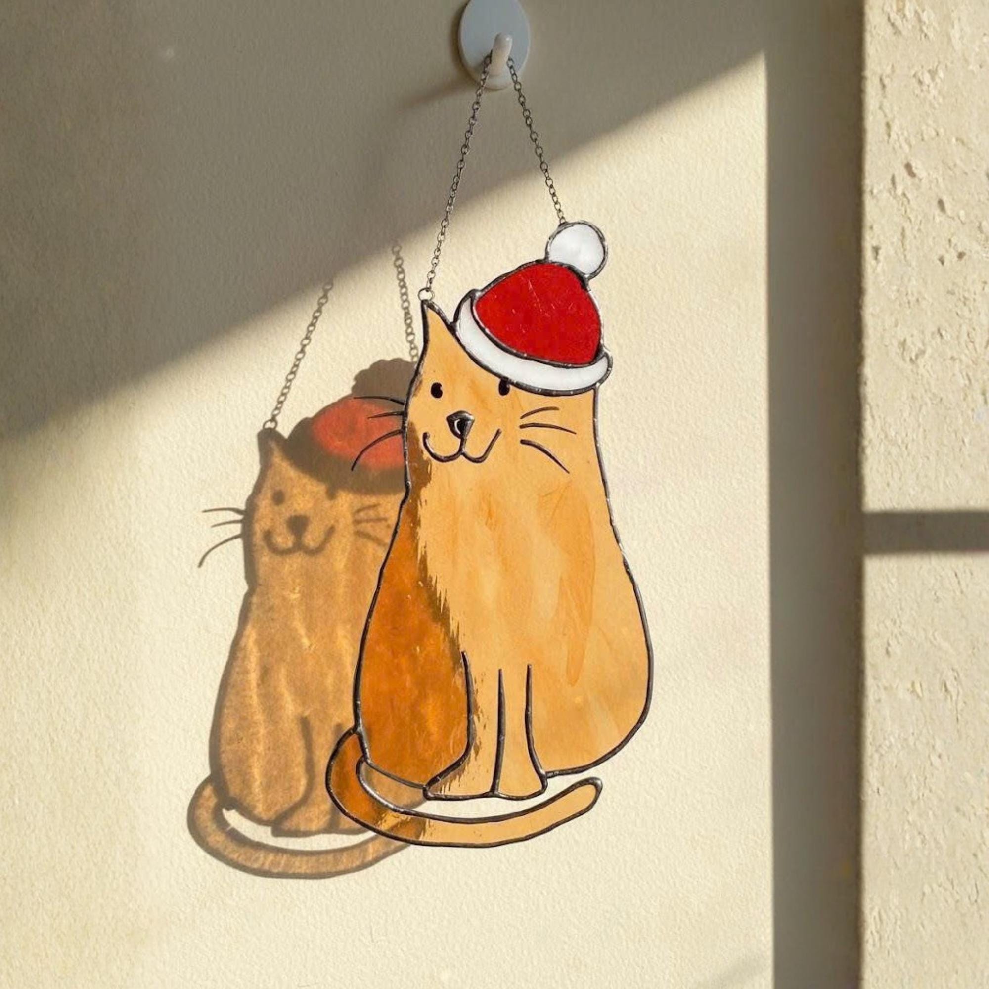 Cute brown stained glass cat ornament handmade Christmas suncatcher window decor for pet lovers