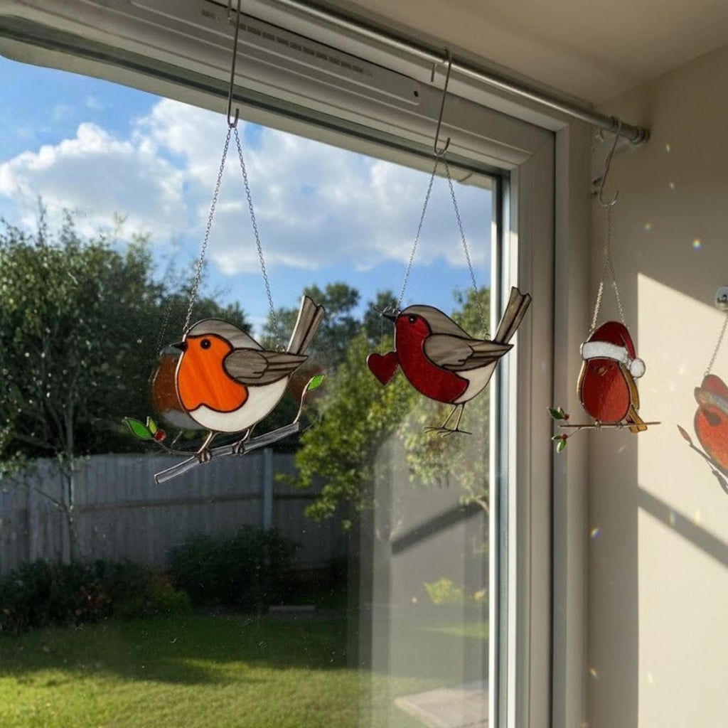 Kitchen window trio of bird ornaments, cheerful everyday glass decor