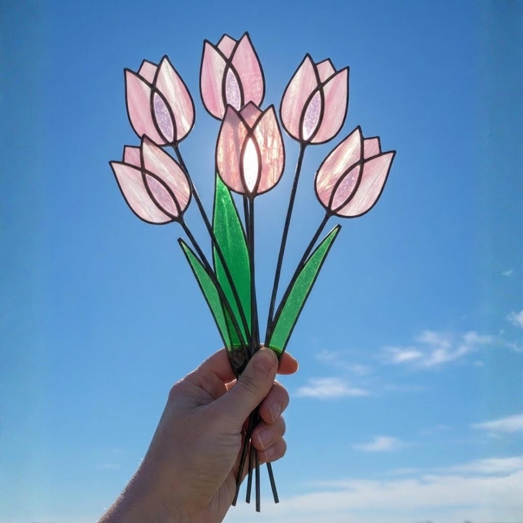 Pink Stained Glass Tulip Suncatcher, Glass Flower Bouquet for Vase, Mothers Day Gift for Mom, Birthday Gift for Her, Spring Home Decor