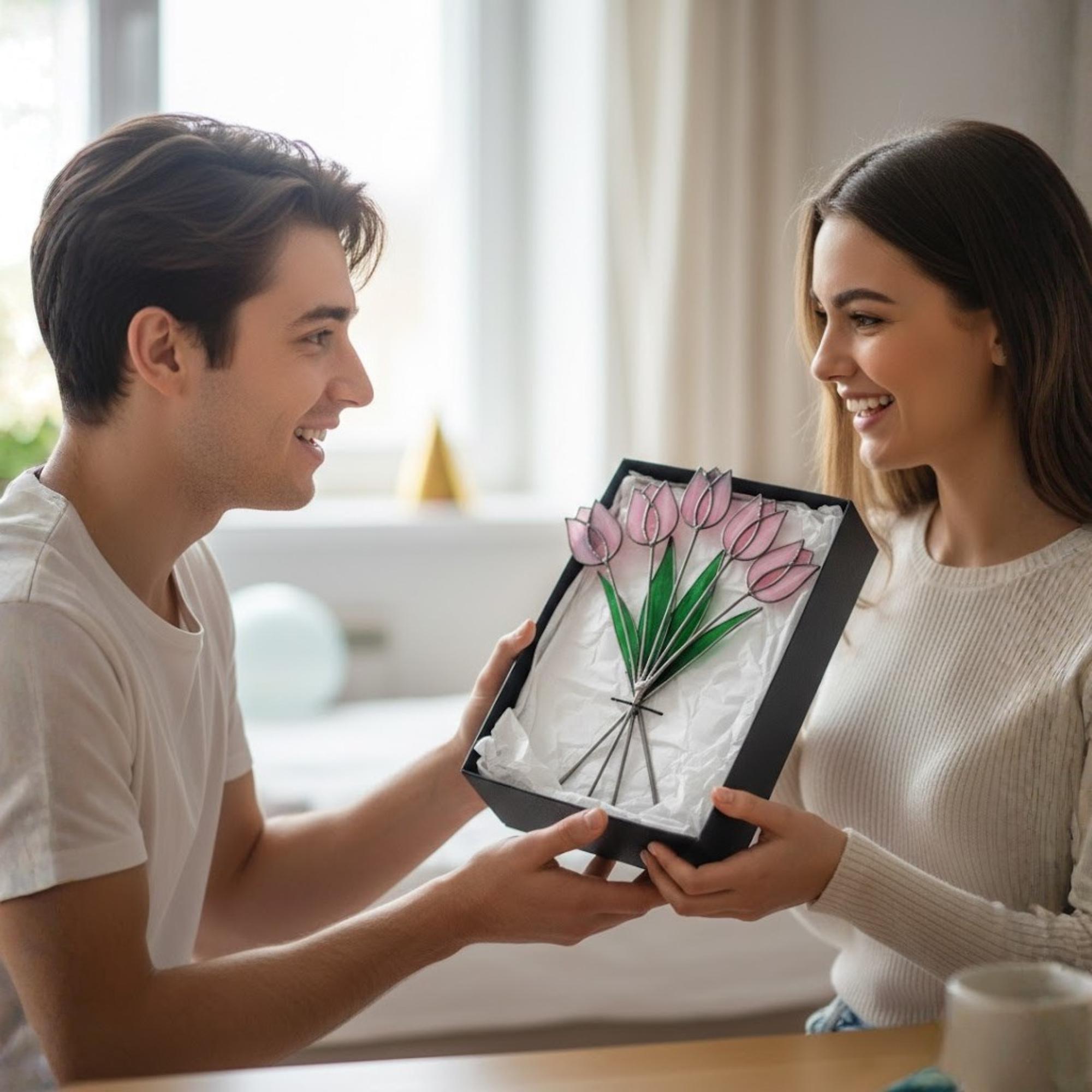 Pink Stained Glass Tulip Suncatcher, Glass Flower Bouquet for Vase, Mothers Day Gift for Mom, Birthday Gift for Her, Spring Home Decor