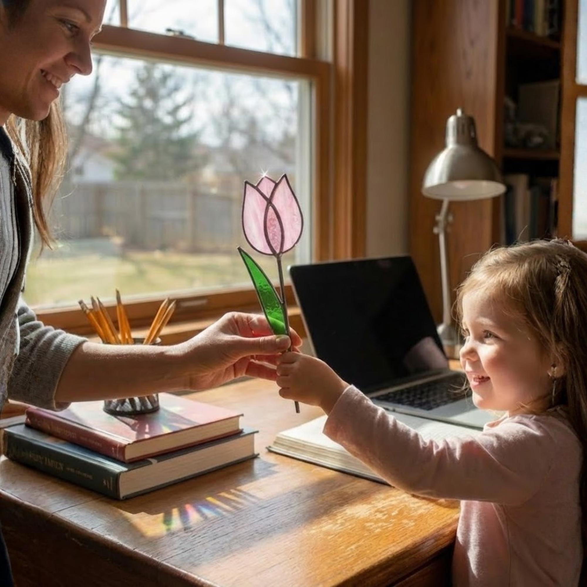 Pink Stained Glass Tulip Suncatcher, Glass Flower Bouquet for Vase, Mothers Day Gift for Mom, Birthday Gift for Her, Spring Home Decor