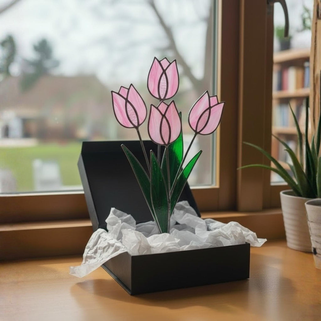 Pink Stained Glass Tulip Suncatcher, Glass Flower Bouquet for Vase, Mothers Day Gift for Mom, Birthday Gift for Her, Spring Home Decor