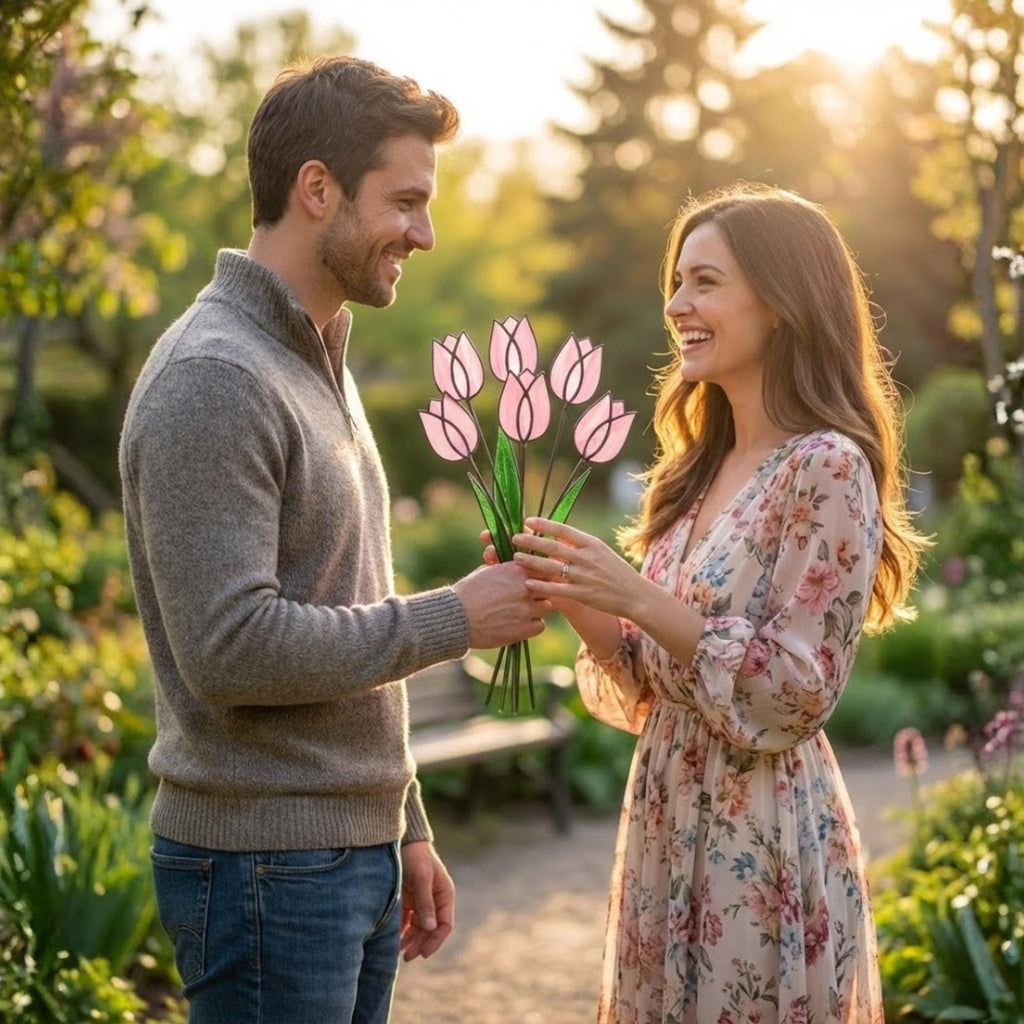 Pink Stained Glass Tulip Suncatcher, Glass Flower Bouquet for Vase, Mothers Day Gift for Mom, Birthday Gift for Her, Spring Home Decor