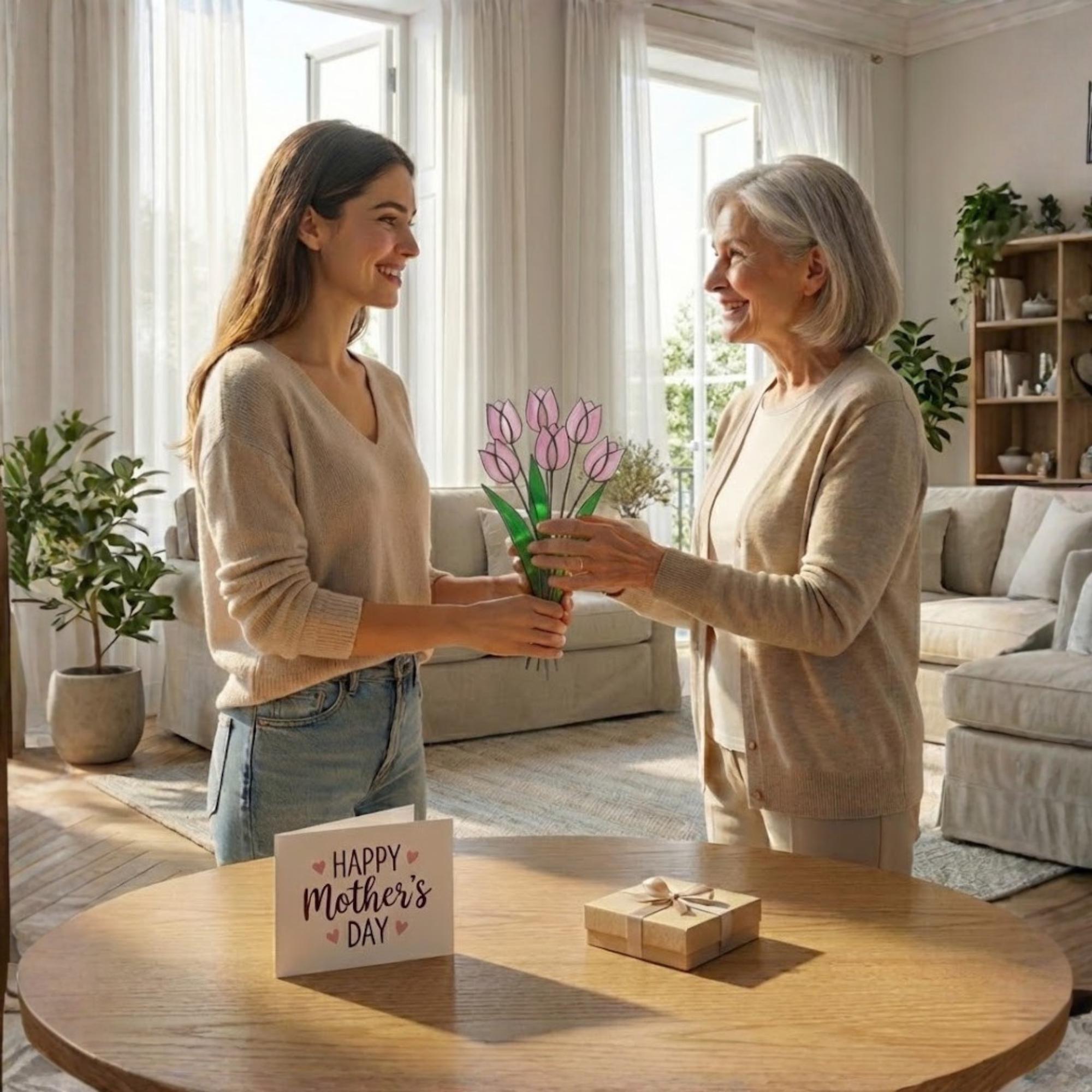 Pink Stained Glass Tulip Suncatcher, Glass Flower Bouquet for Vase, Mothers Day Gift for Mom, Birthday Gift for Her, Spring Home Decor