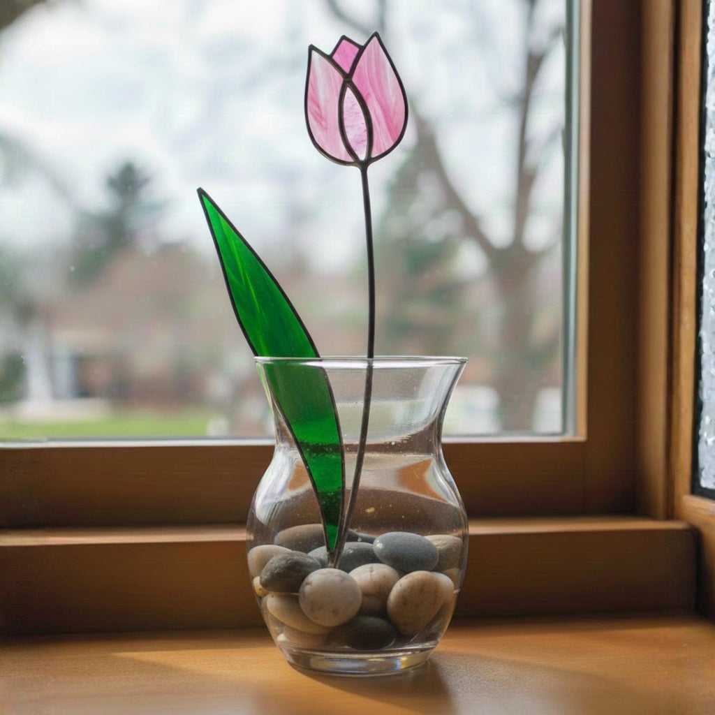 Pink Stained Glass Tulip Suncatcher, Glass Flower Bouquet for Vase, Mothers Day Gift for Mom, Birthday Gift for Her, Spring Home Decor