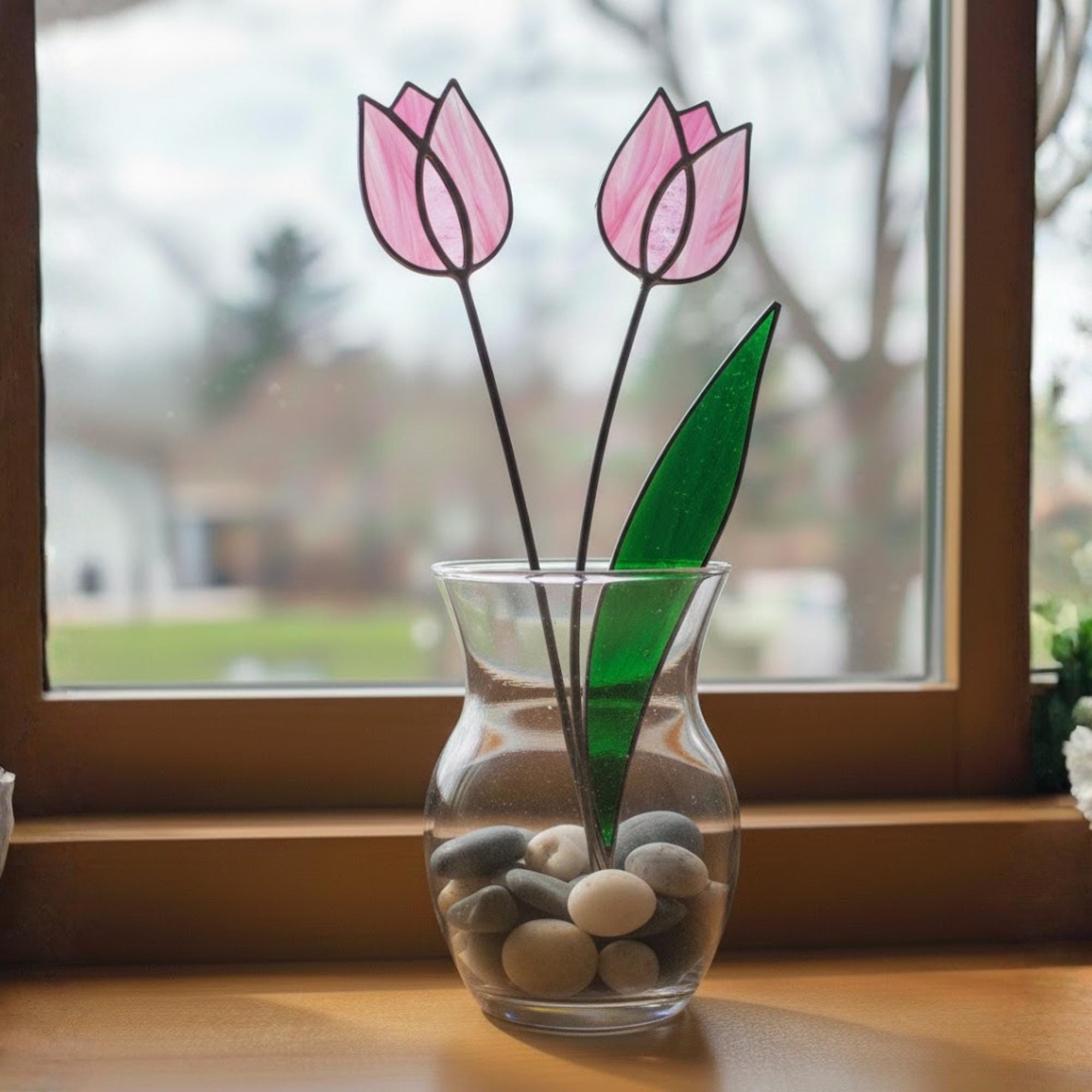 Pink Stained Glass Tulip Suncatcher, Glass Flower Bouquet for Vase, Mothers Day Gift for Mom, Birthday Gift for Her, Spring Home Decor