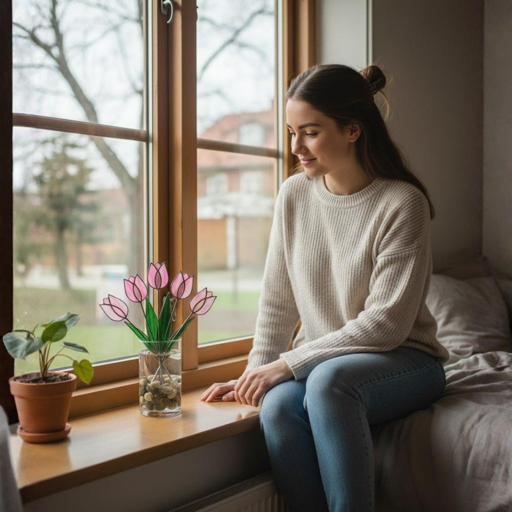 Pink Stained Glass Tulip Suncatcher, Glass Flower Bouquet for Vase, Mothers Day Gift for Mom, Birthday Gift for Her, Spring Home Decor