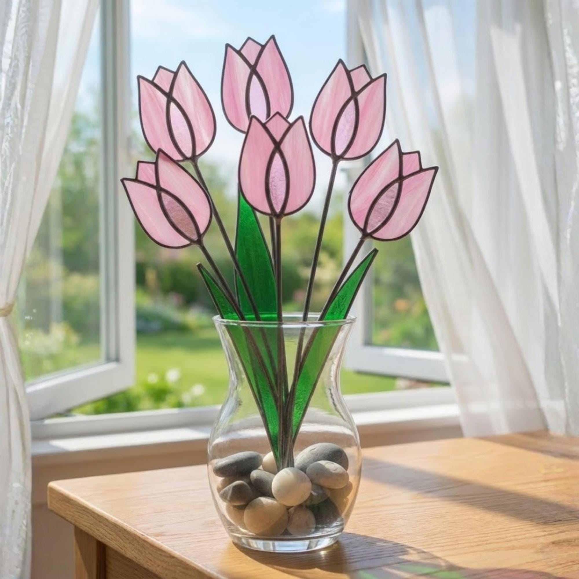 Pink Stained Glass Tulip Suncatcher, Glass Flower Bouquet for Vase, Mothers Day Gift for Mom, Birthday Gift for Her, Spring Home Decor